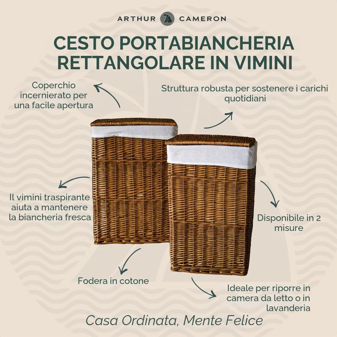 Arthur Cameron - Cesto portabiancheria rettangolare in vimini con coperchio e fodera in cotone lavabile rimovibile - Cesto portabiancheria con coperchio (grande, naturale)
