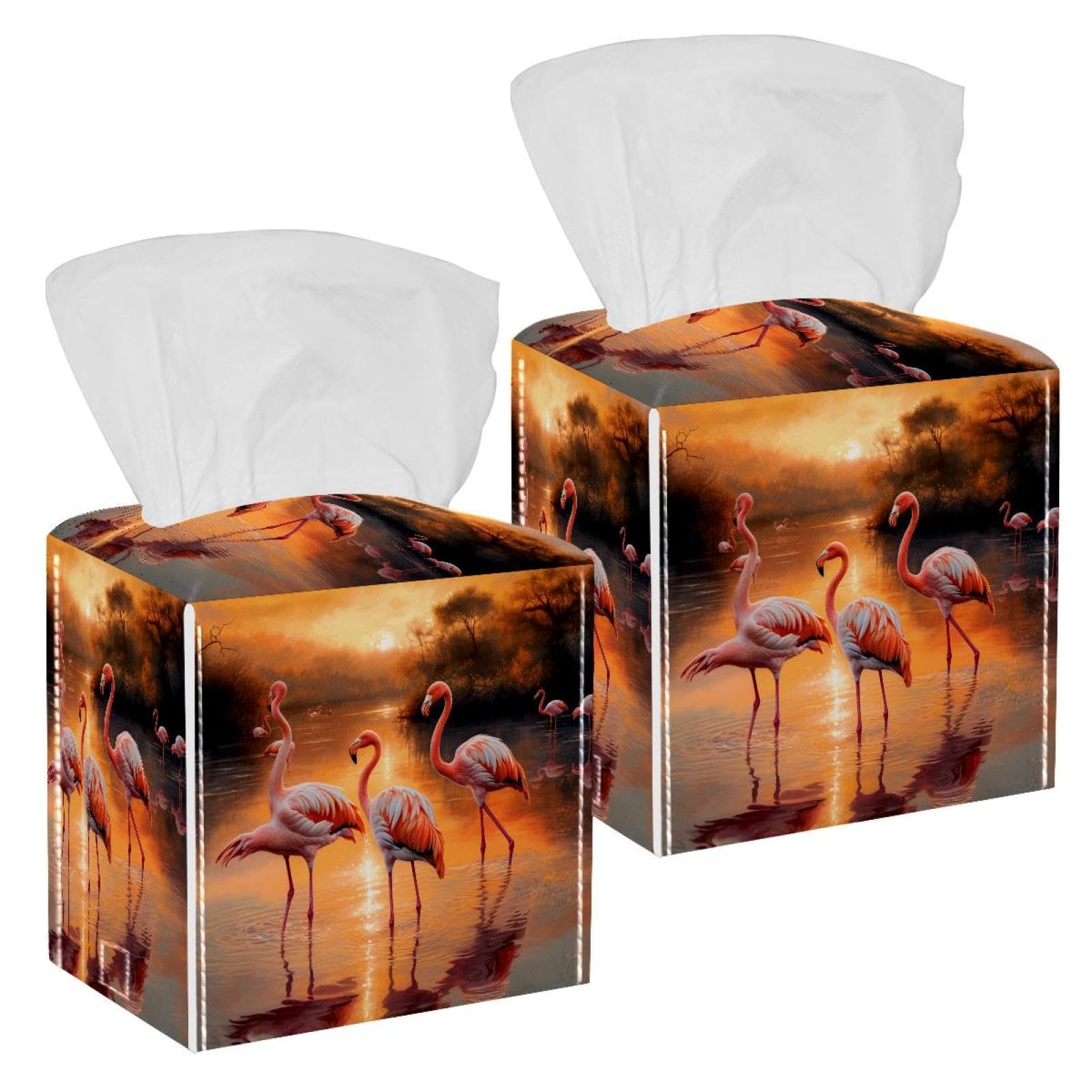 Flamingos Sunset Tissue Box Cover, 2 Pack PU Leather Square Facial Tissue Dispenser Box holder for Home Office Car