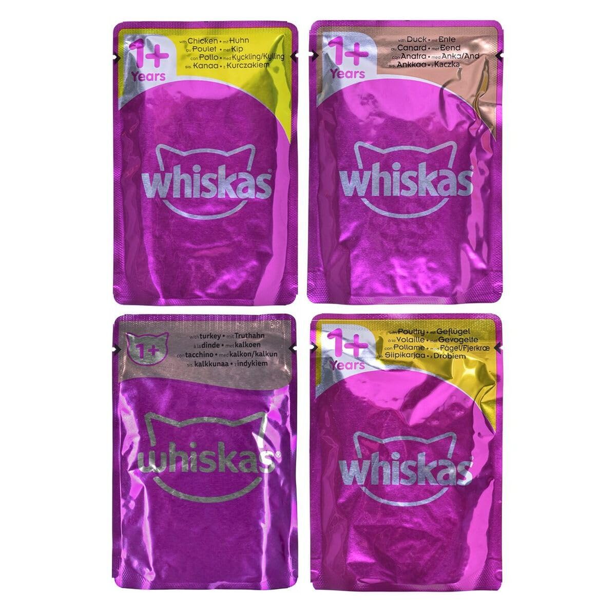 Whiskas Adult 1 + cibo umido per gatti, pollame in gelatina, 80 sacchetti per porzioni, 80 x 85 g, cibo umido per gatti adulti