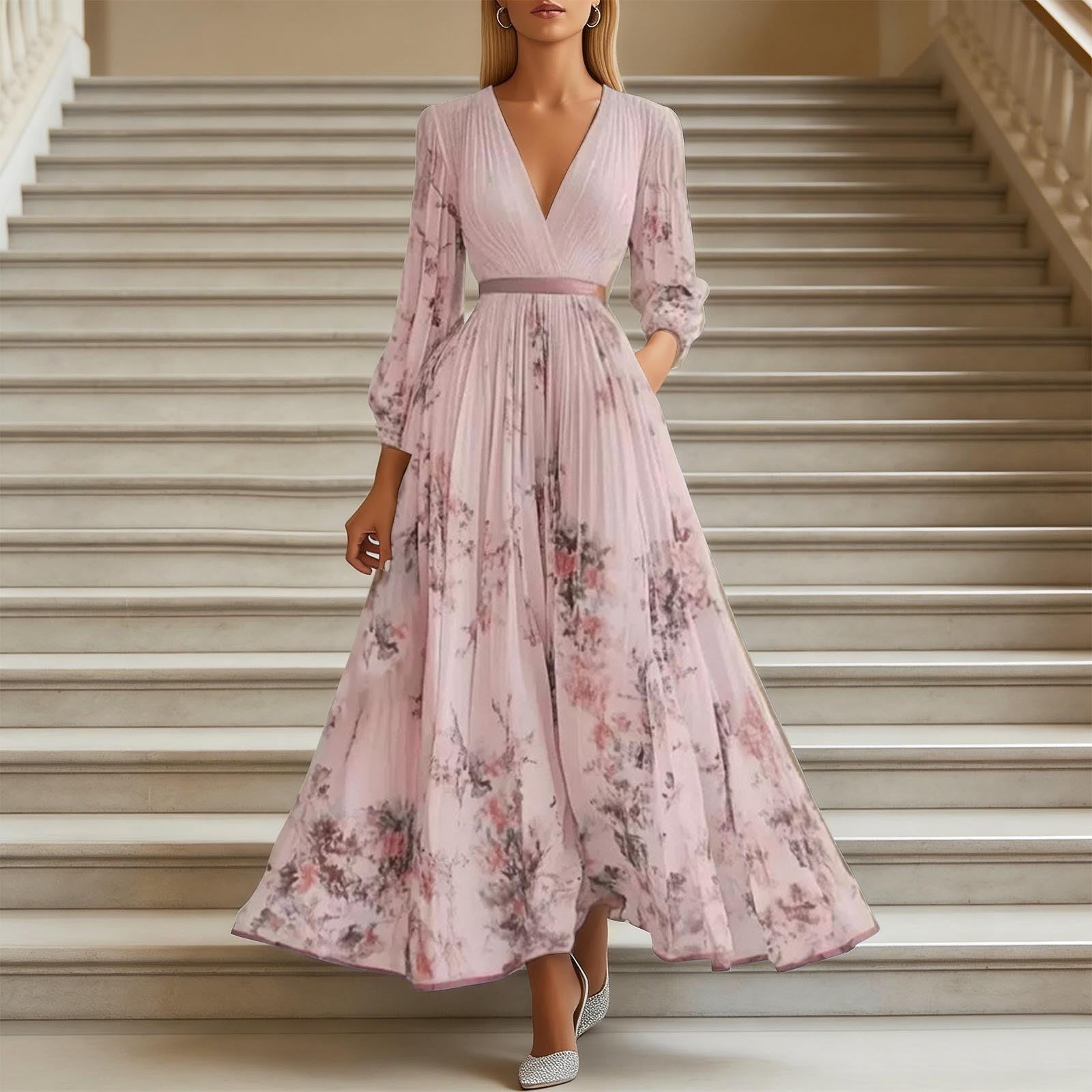 Vestido Plisado de Manga Larga con Cuello y Estampado Floral, Estilo Casual de Verano con un Elegante diseño Fluido.