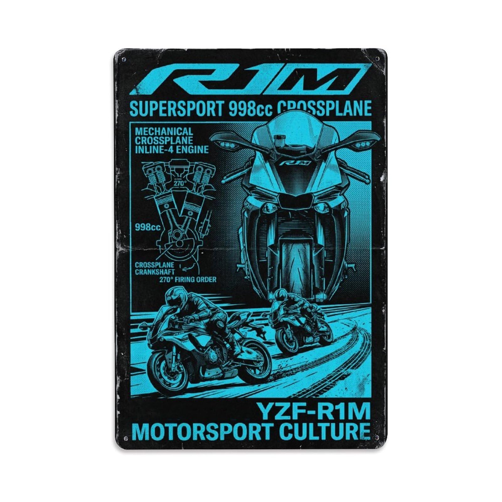 Yzf-R1M Superbike Design Track Racing Vintage Motorcycle Metal Tin Sign Plaque Wall Decor for Cafe, Man Cave, Club Bar, Office, Home Garden Round Metal Poster 8x12Inch