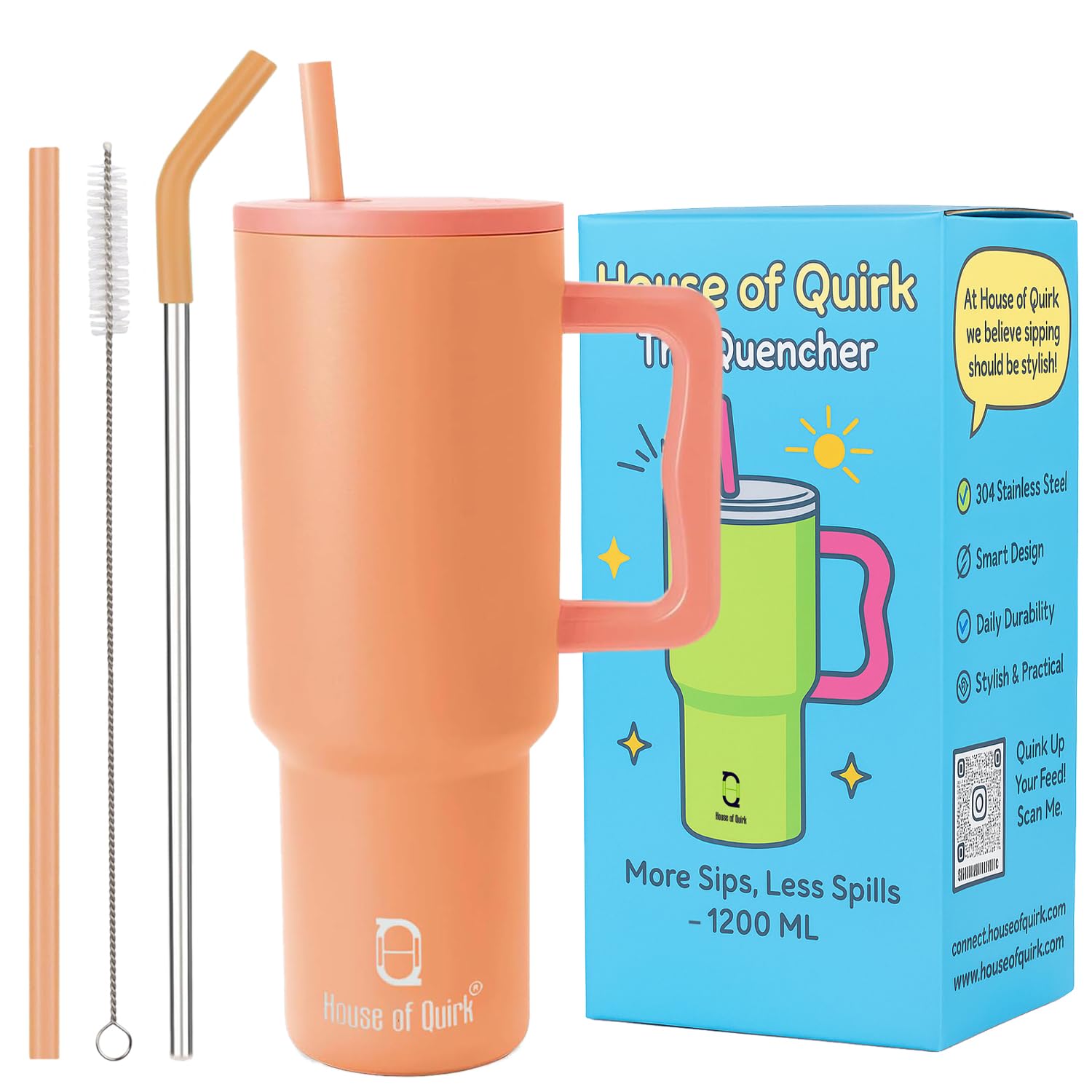 House of Quirk 1200ML Stainless Steel Tumbler with Handle & Lid, 2 Straws – Large Travel Mug Water Cup for Gym, Office & Outdoor Use (Pumpkin Orange)