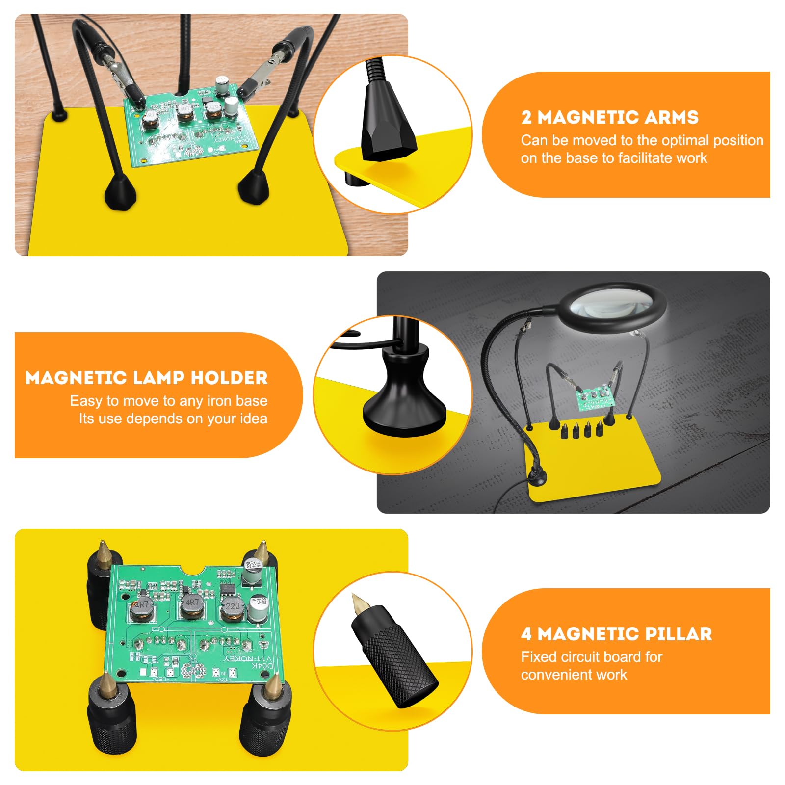 Magnetische helfende Hand, lötende Dritte Hände mit 3X LED Lupenlampe, 4 PCB Säulen Leiterplattenhaltermit mit Flexible Metallarme Elektronisches Reparaturwerkzeug