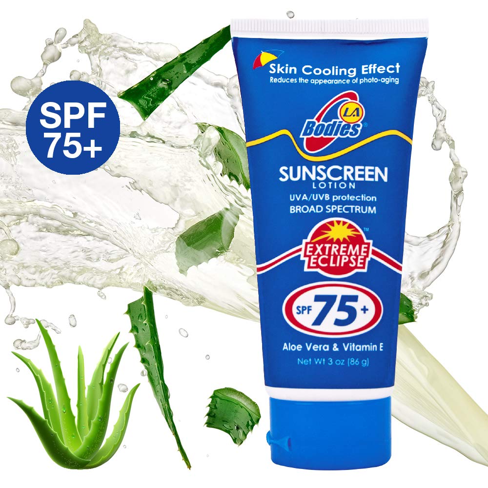 Sunscreen Moisturizing Face & Body Lotion (SPF 75) w/Aloe Vera for Cooling Sensation | Works with Acne Prone Skin | UVA UVB Protection Sunblock | 3oz