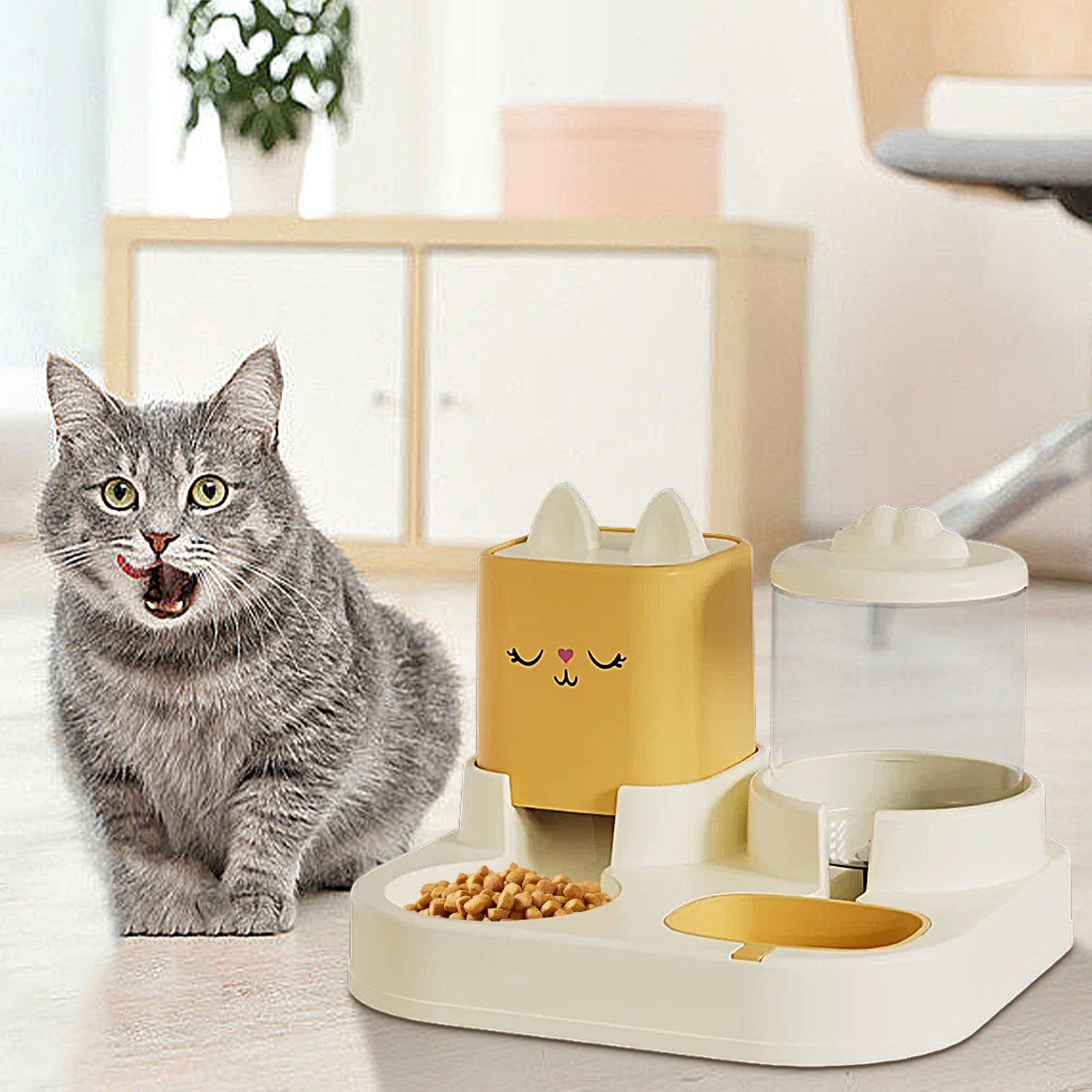 Comedero automático para Mascotas Juego de comedero y Bebedero for Gatos, comedero y Bebedero for Mascotas, Cuencos Dobles con Bebedero automático.(Yellow)