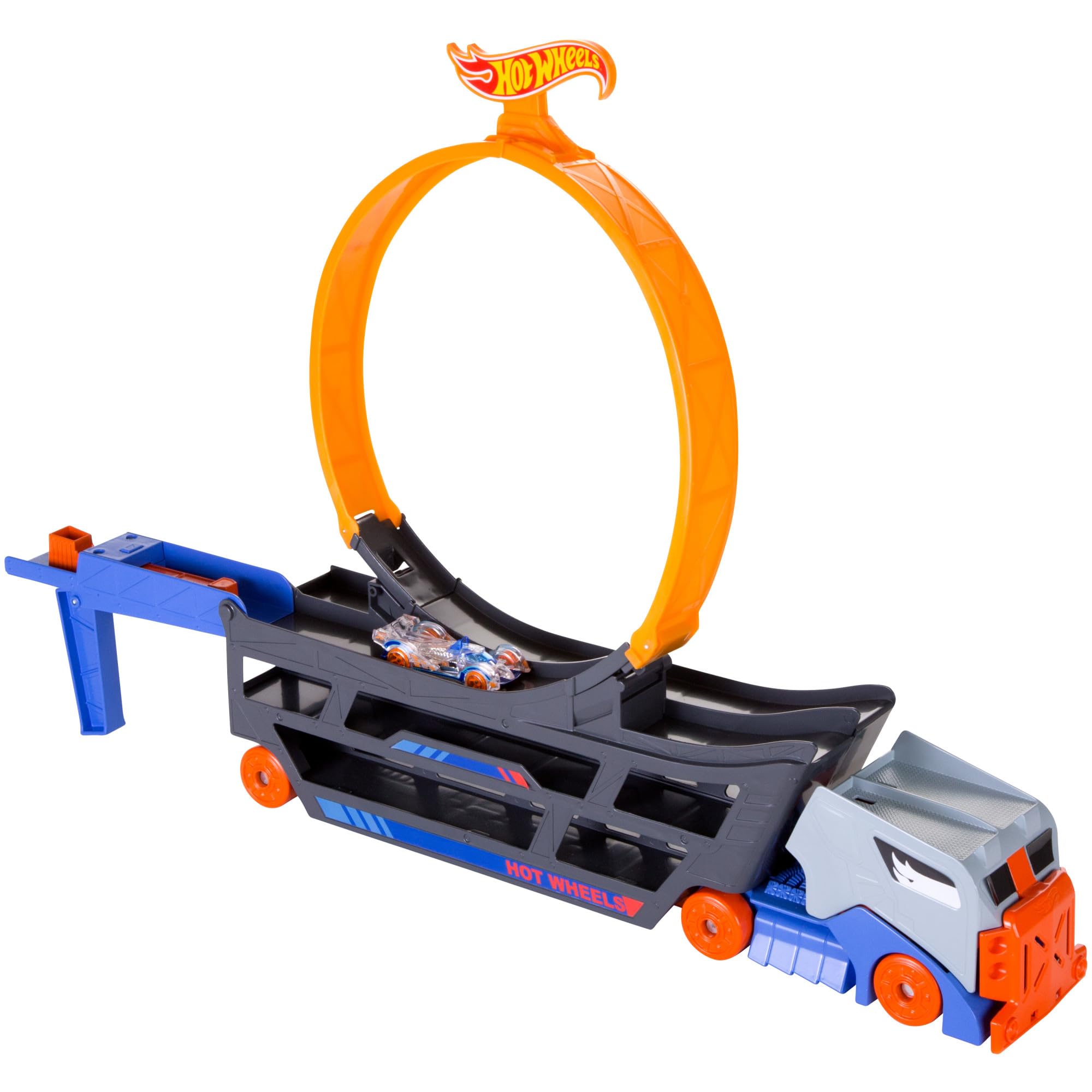 Zestaw Hot Wheels z ciężarówką transportową, dużą pętlą ze składaną wyrzutnią, miejscem dla 18 metalowych pojazdów w skali 1:16, dla dzieci powyżej 3 roku życia, GCK38