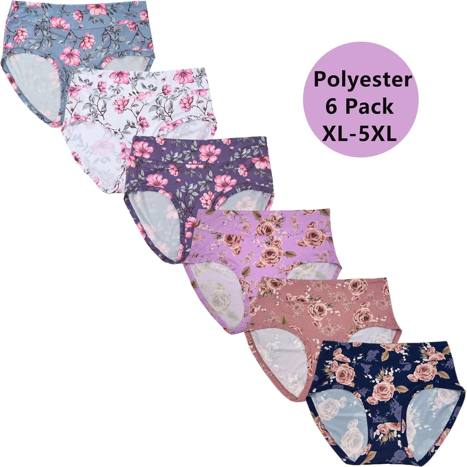 Women’s Plus Size Underwear XL-5XL 6 Pack Ladies Panties Briefs High Waist Floral Panty Undies for Women - Image 3