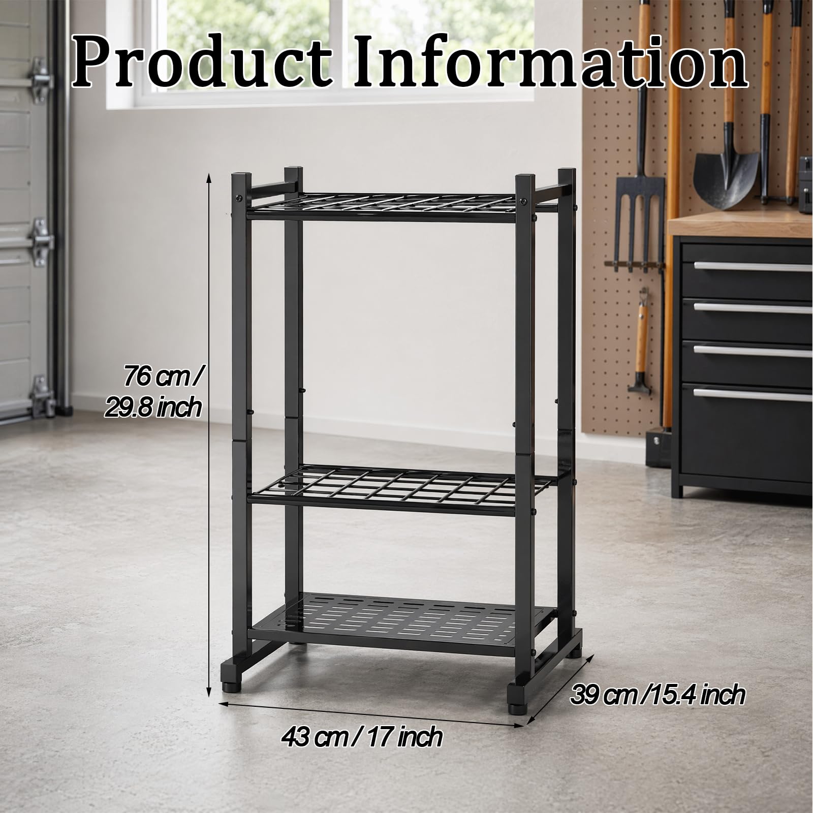 Supporto stabile per attrezzi da giardino, per fino a 35 attrezzi, robusto, nero, compatto, per garage, capanno da giardino, 43 x 30 x 74 cm