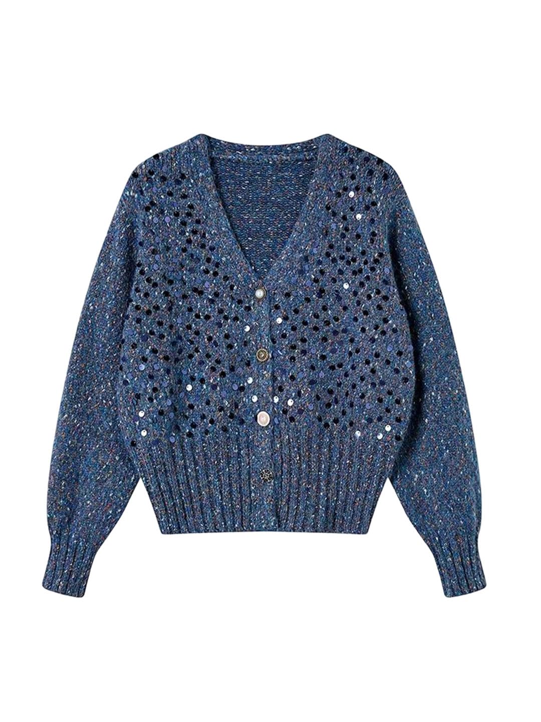 Women Sequin Knit Cardigan Sweaters Winter Pearl Button Loose Sweater Coat