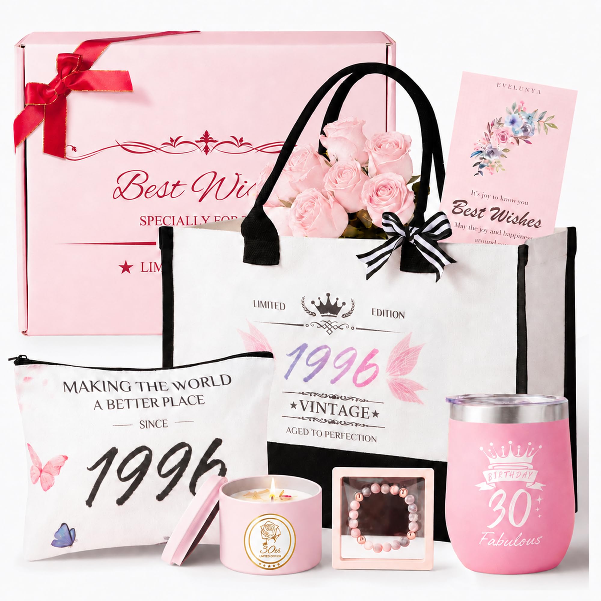 Evelunya 30th Birthday Gifts for Women Idea, Real Flowers Scented Candle, Luxury Gift Set, Unique Gift Ideas, Self Care Relaxation Gift for Her, 1996 Limited Edition