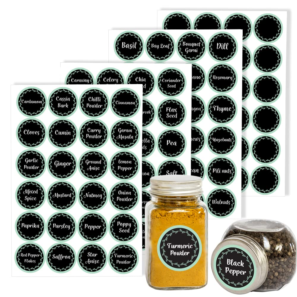 Pack of 96 Black Kitchen Labels for Containers (30 mm) Waterproof Spice Labels for Small Jars Spice Jar Labels Pre Printed for Seeds Bottles and Pantry Storage