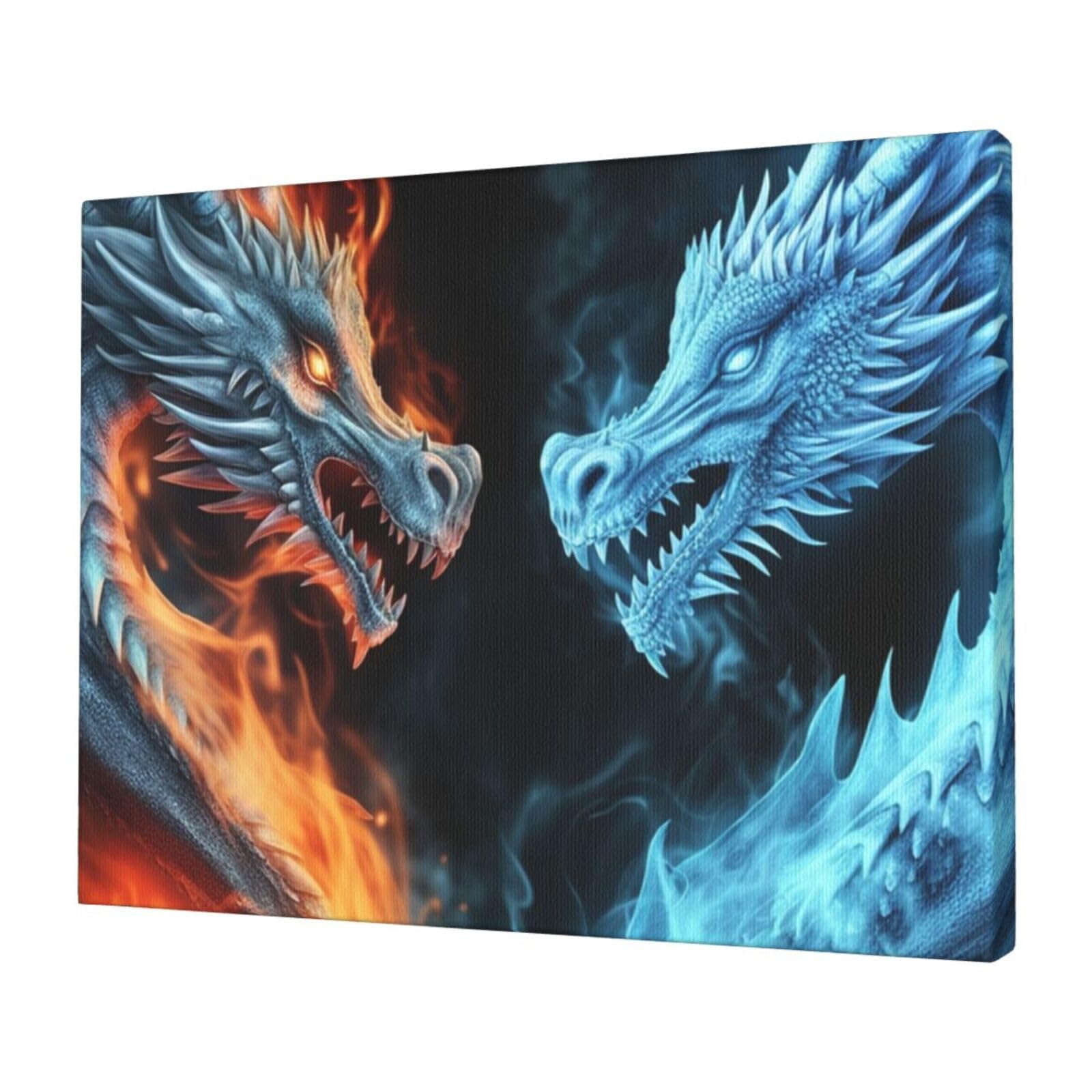 KLOPH Ice and Fire Dragons Canvas Wall Art for Living Room 12"x16" Modern Artwork Painting for Bathroom Hanging Canvas Prints Aesthetic Wallart for Bedroom Kitchen Office Wall Decor