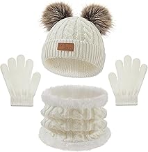Warmiehomy Girls Hat Scarf and Gloves Set 3 in 1,Kids 3Pcs Winter Beanie Pompom Hat Fleece Lining Scarf Knitted Gloves Winter Accessories Sets for Aged 2-8 Children Outdoor Activities