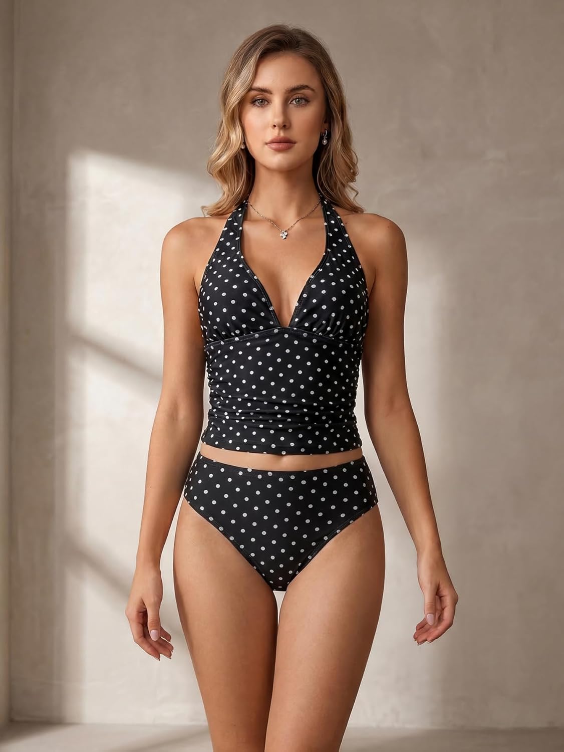 MakeMeChic Women's 3 Piece Summer Tankini Set Polka Dots Halter Tie Backless Swimsuit with Beach Skirt