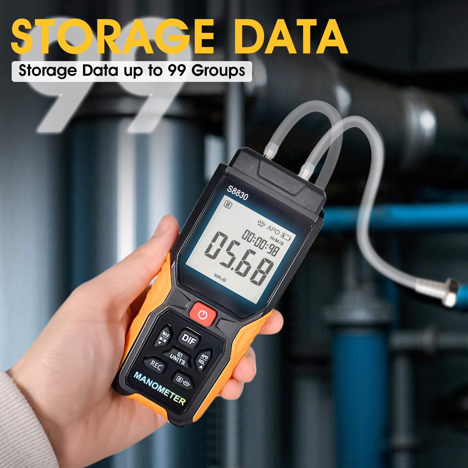 H HOLAPEAK Manómetro digital, ± 36,80 kPa, manómetro de gas HVAC para medir la presión diferencial de sobrepresión presión negativa, manómetro diferencial, 12 unidades seleccionables y 99 memorias de
