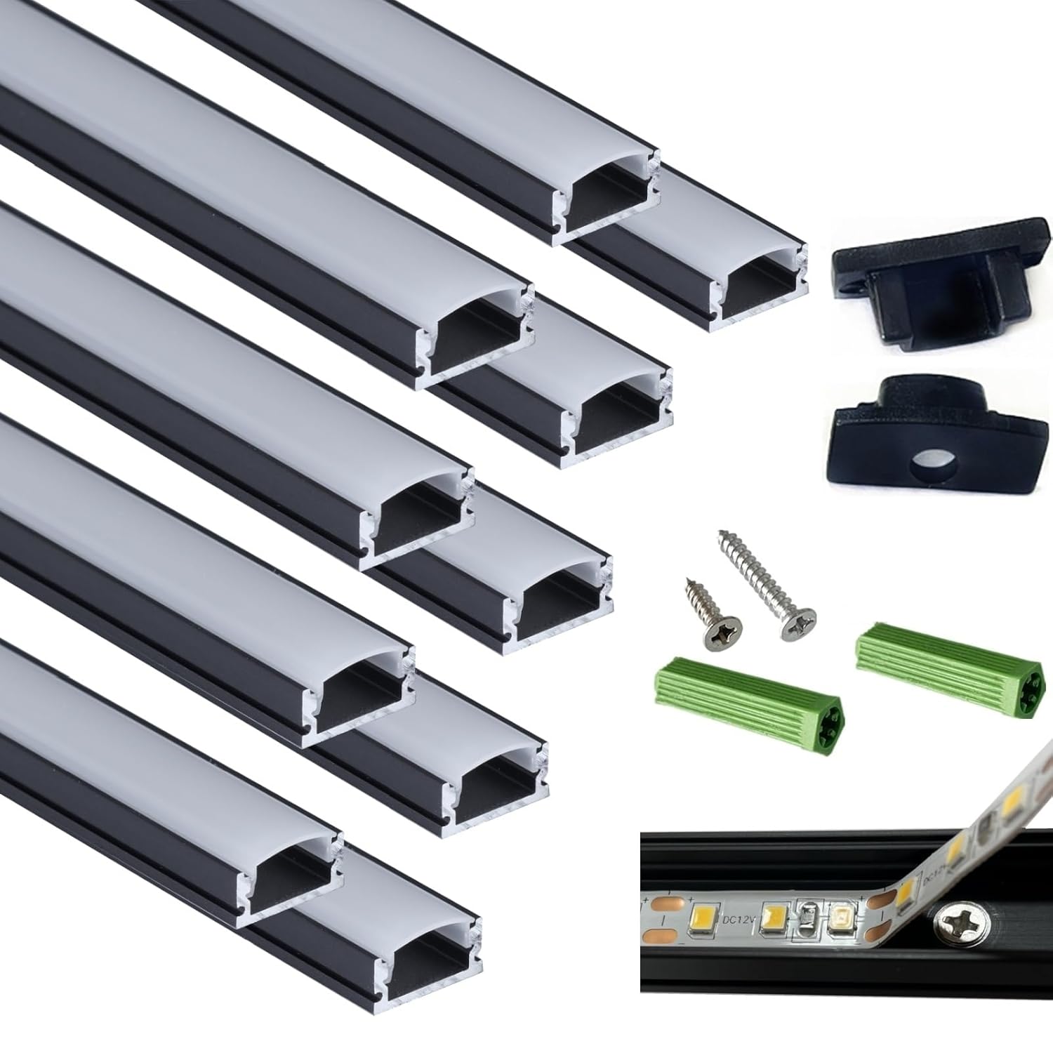 10-Pack 3.28FT Pre-Drilled Countersunk Hole LED Strip U Channel Diffuser, Matte Black Flush Mounted Under Cabinet Tape Light Aluminum Low Profile with Milky Cover (10, 3.28FT)