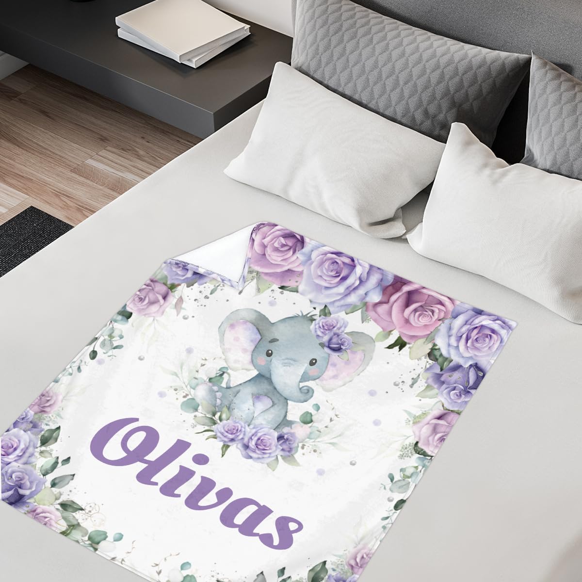 Personalized Baby Blankets for Girls Boys, Custom Baby Blanket with Name Swaddle Toddler Fleece Blanket Personalized Gift Purple Floral Elephant