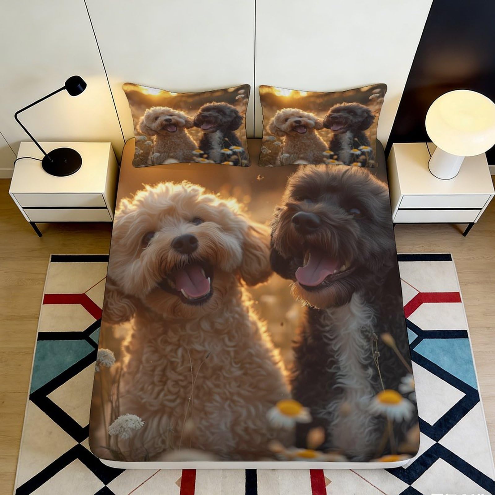 3D Printed Cute Poodle Dog Fitted Sheet Microfiber Soft Floral Meadow Bed Cover Non-slip for Bedroom Guestroom 90x200x25cm