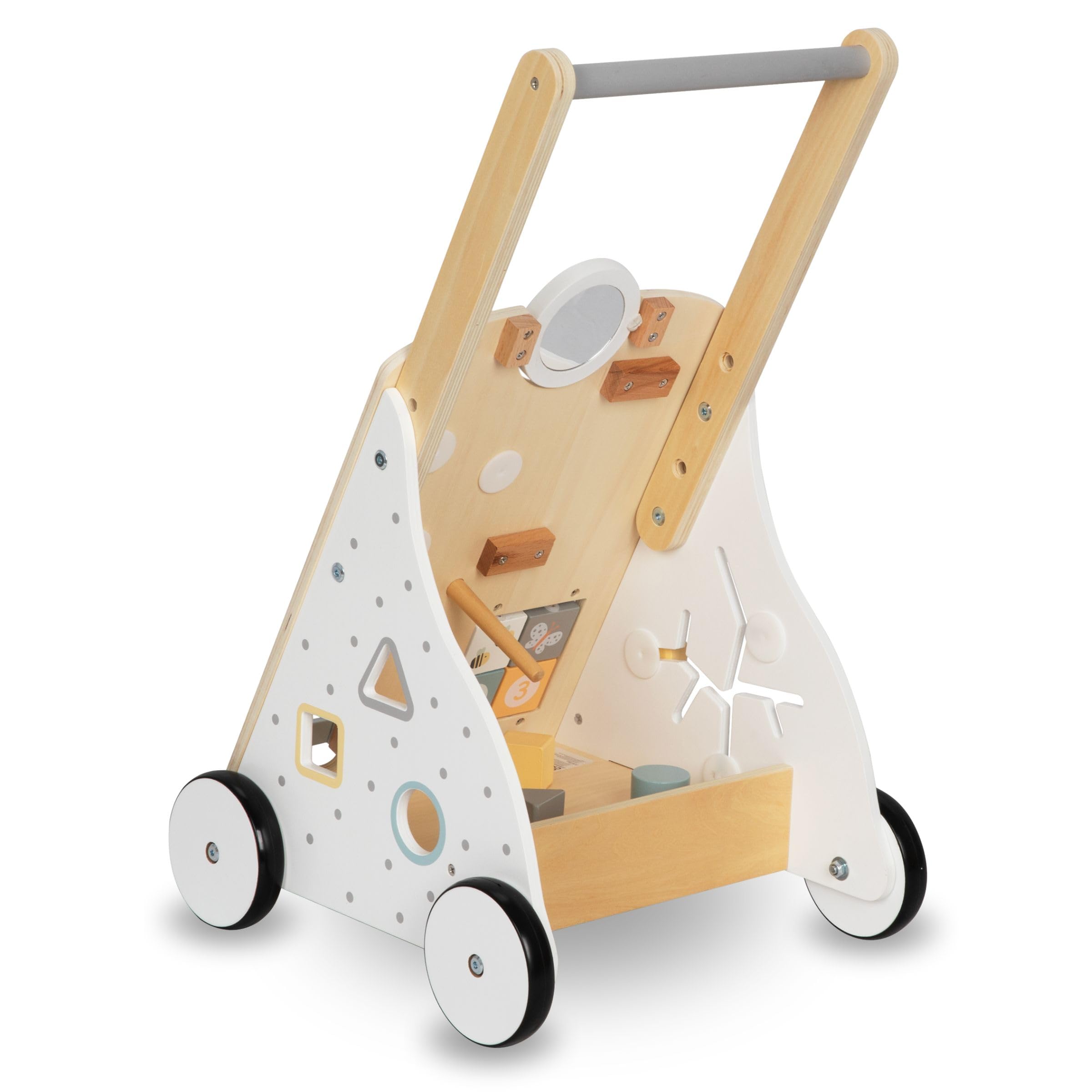 Mamabrum MAM172 Trotteur Bebe 8-en-1, Table d'Activité avec Poussoir en Bois, Centre de Manipulation, Hauteur Réglable 58-66cm - Jouet Éducatif pour Premiers Pas