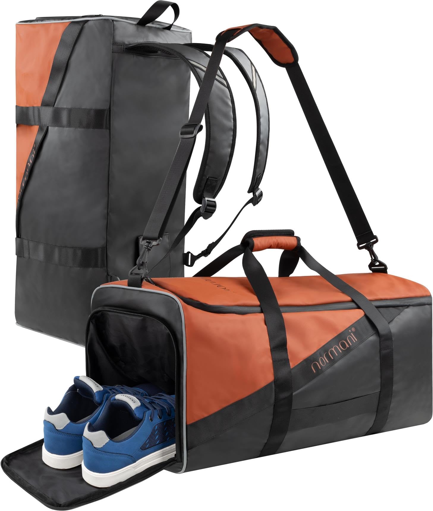 Reisetasche Sporttasche 58 90 oder 120 Liter mit Rucksack-Funktion faltbar mit separatem Nassfach Schuhfach - großer Weekender Farbe 120 Liter Orange