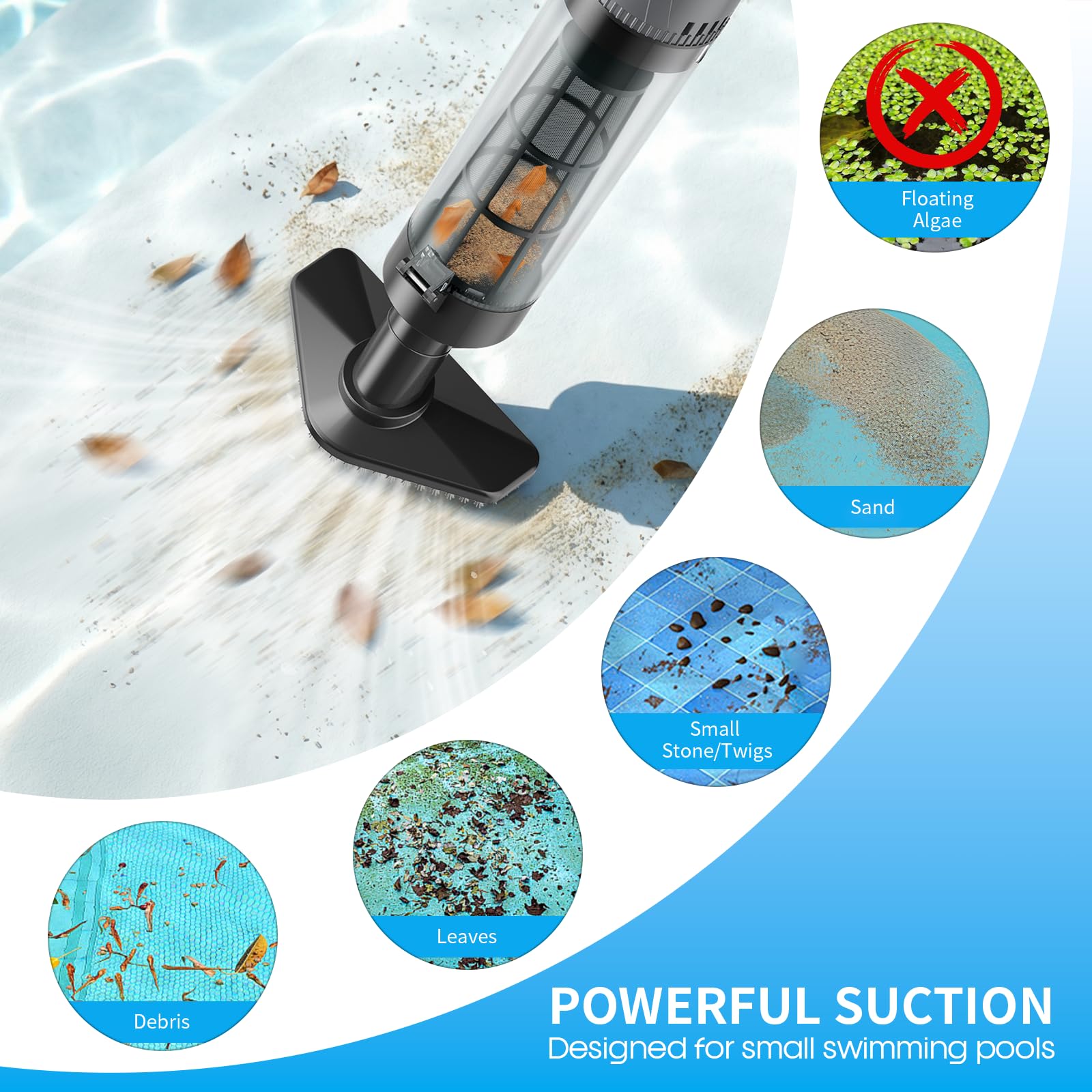 Hot Tub Hoover,3 in1 Pool Vacuum Cleaner for Above Ground Pool with 3 Brush Heads & LED Light,Cordless Pool Hoover 90Min Runtime, for Cleaning Small Debris Types — view 6