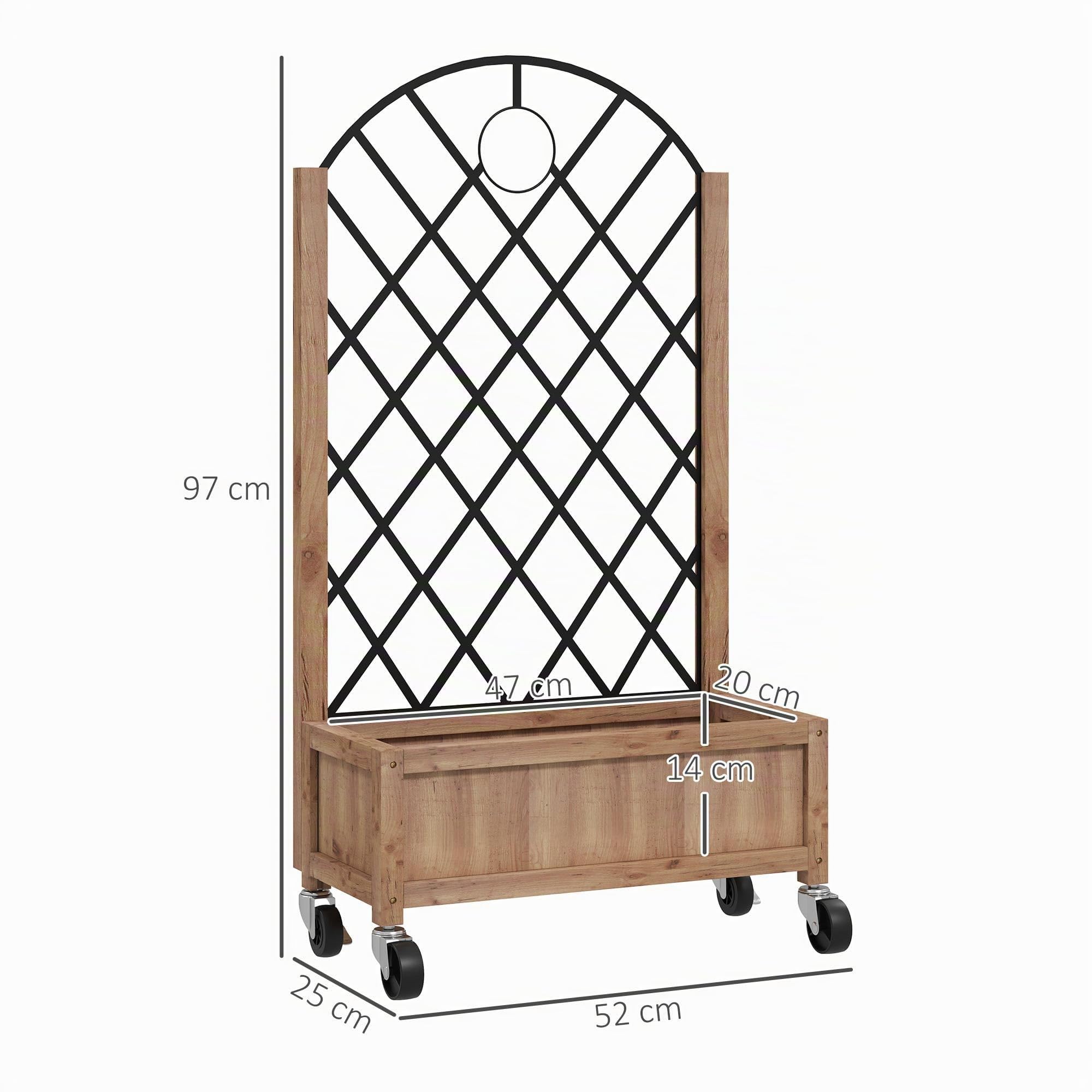 Outsunny Juego de 2 Jardineras de Exterior con Ruedas 52x25x97 cm Natural | Jardineras con Celosía Metálica, para Plantas Trepadoras, Maceteros para Jardín Terraza Patio