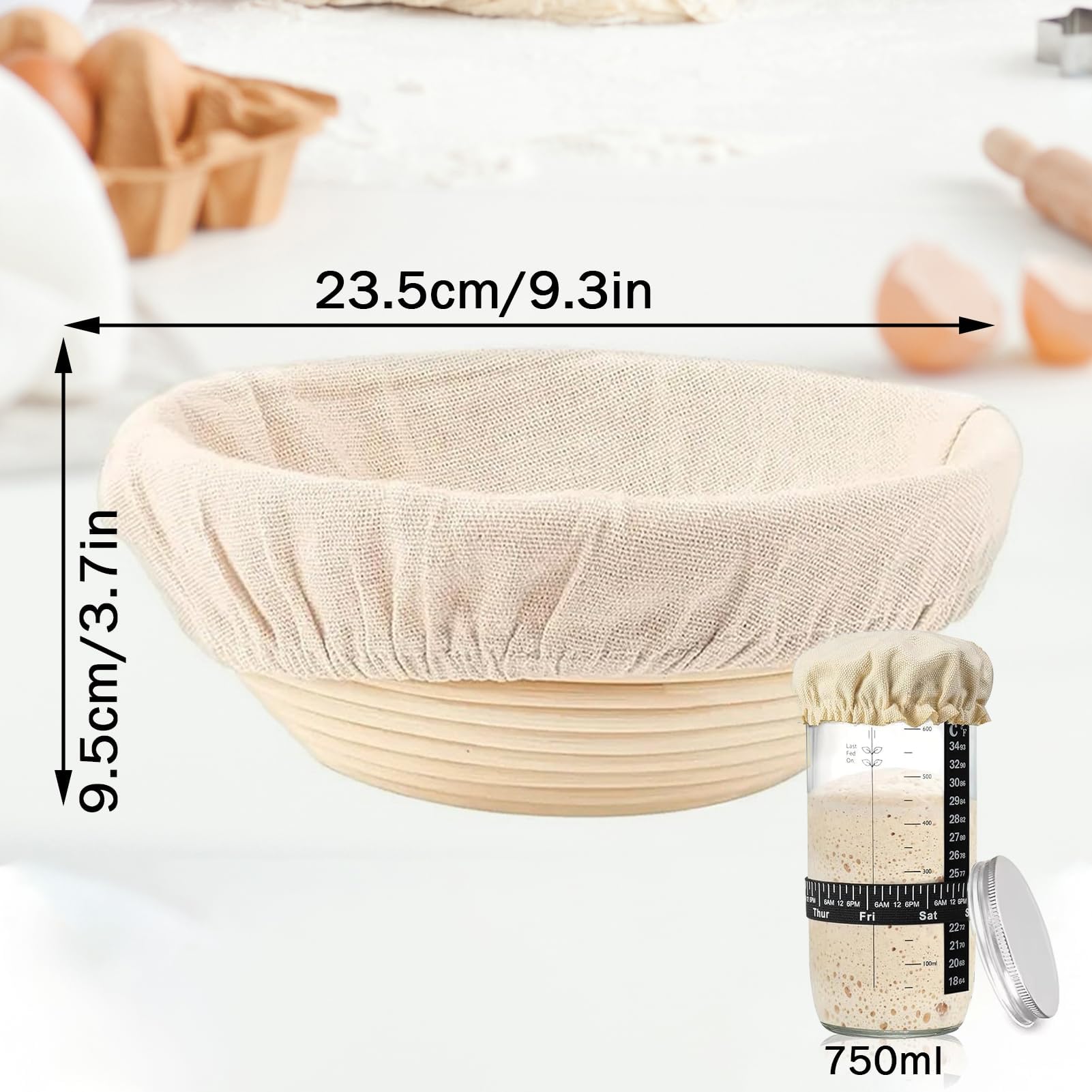 Kit de démarrage au levain avec panier grille-pain naturel, 2 paniers de fermentation et 750 ml pâte aigre