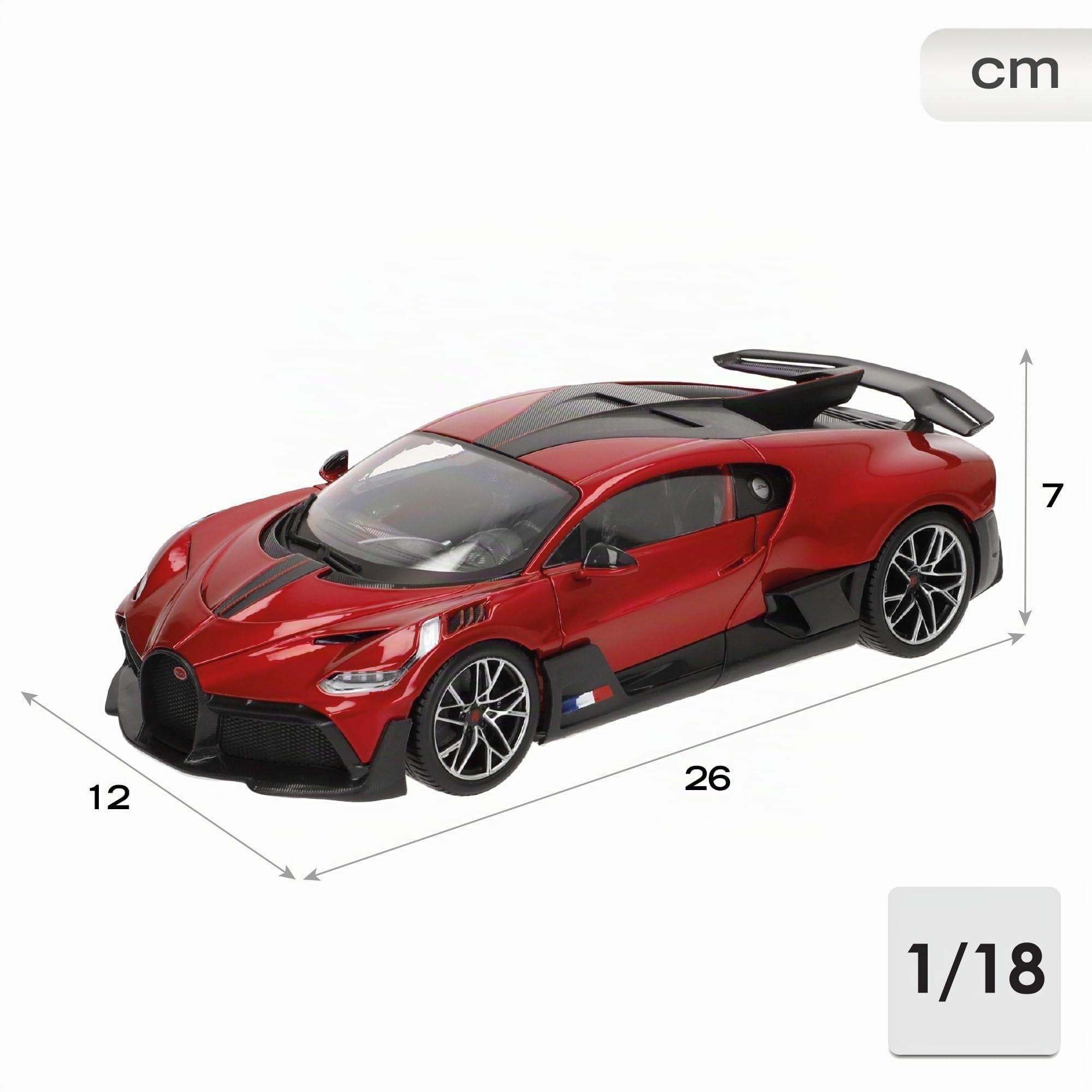 Burago Maqueta coche Bugatti Divo, Escala 1:18, Carrocería en rojo y negro con aerodinámica optimizada, Fabricado en die-cast metal, Puertas apertura manual, Interior detallado (78093)