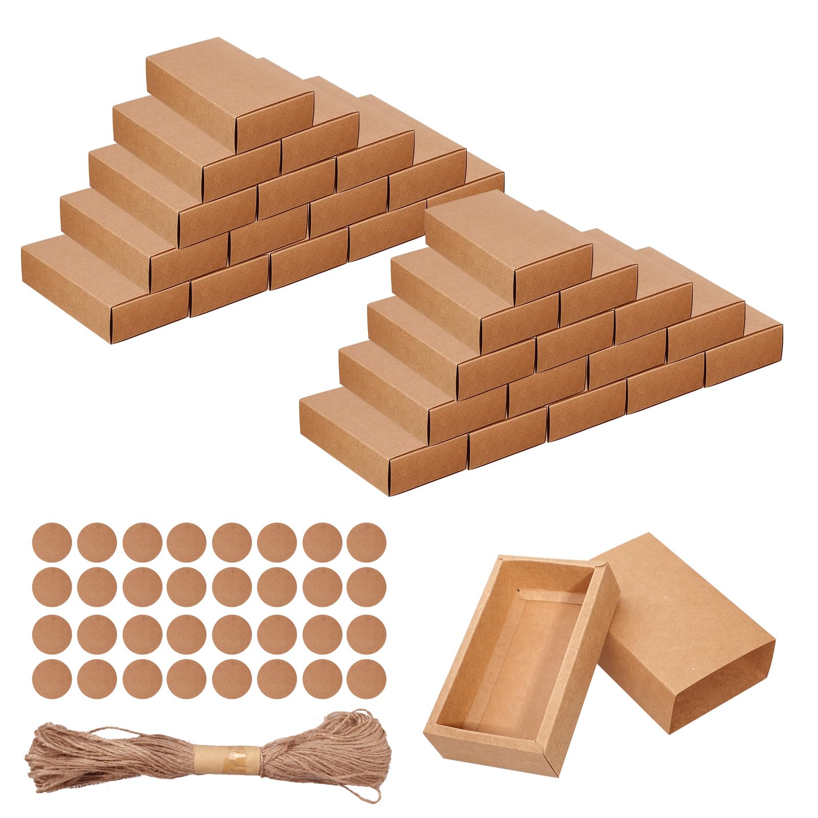 SENONAPO32 Pcs Paper Drawer Box Mini Cardboard Present Boxes Rectangle Drawer with Blank Tags and Jute String Present Packaging Boxes for Business Jewelry Candy Wedding Party Supplies(Brown)