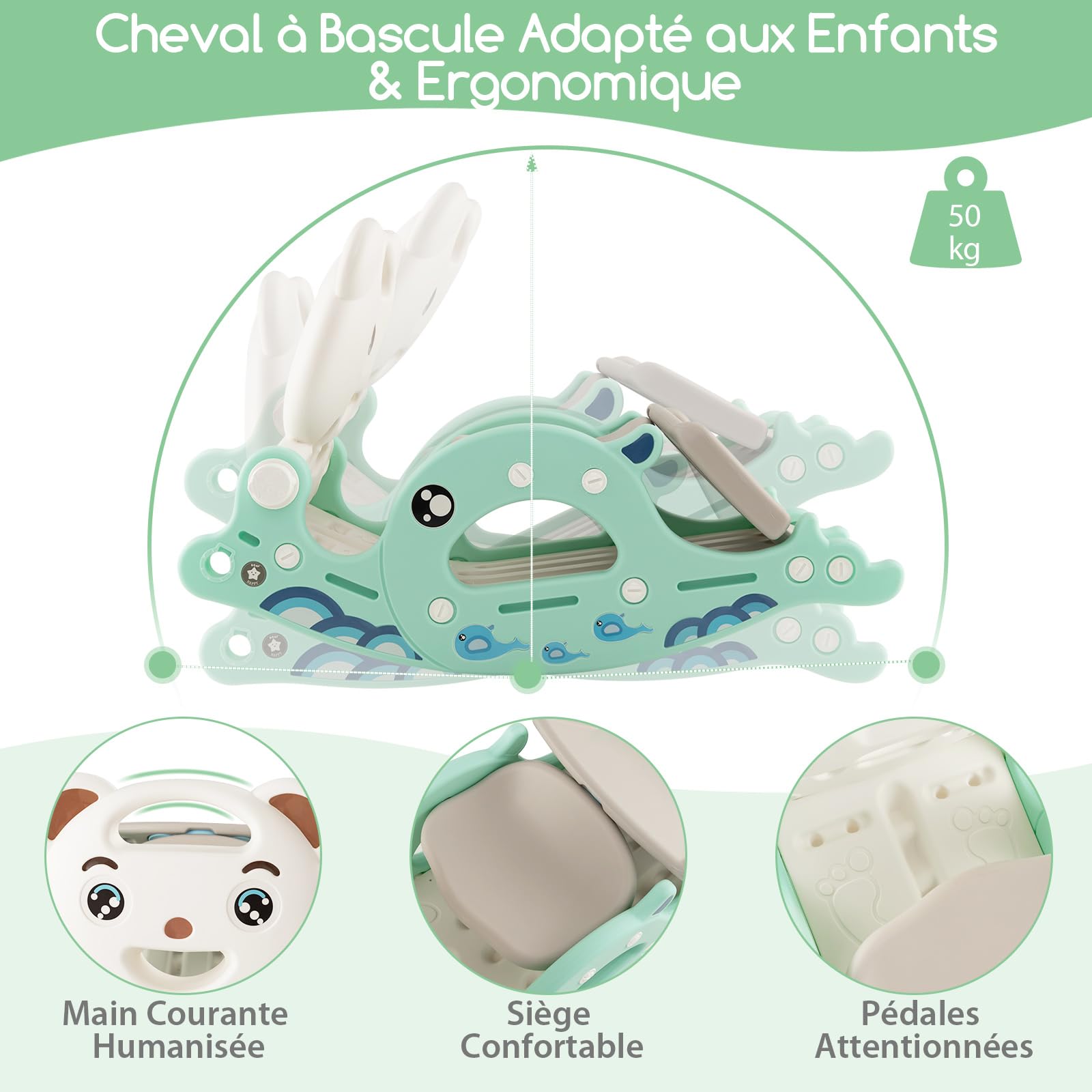 COSTWAY 4 en 1 Toboggan Enfants avec 3 Modes & Motif d'ours, Cheval à Bascule Intérieur Extérieur avec Panier de Basketball & Ballon, Charge 50kg pour Enfants de 3 Ans+, 93x65x46,5cm