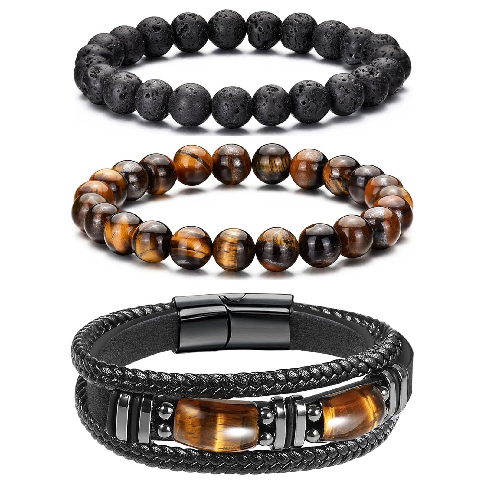 LOWNOUR Men's Leather and Tiger Eye Bracelet Set
