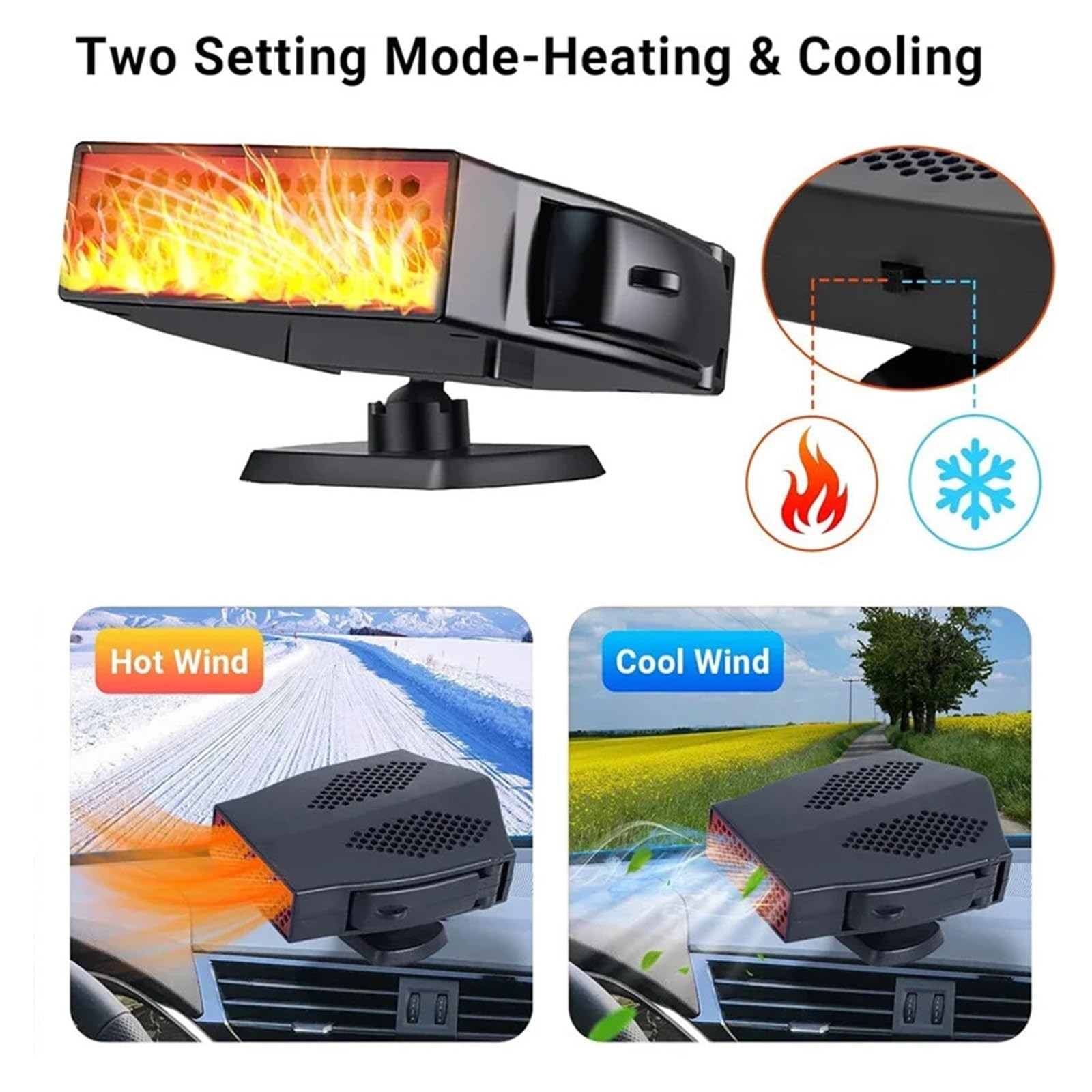Calentador de coche de 12 V, ventilador eléctrico con base giratoria de 360 ​​grados, secador portátil, desempañador de parabrisas y descongelador.