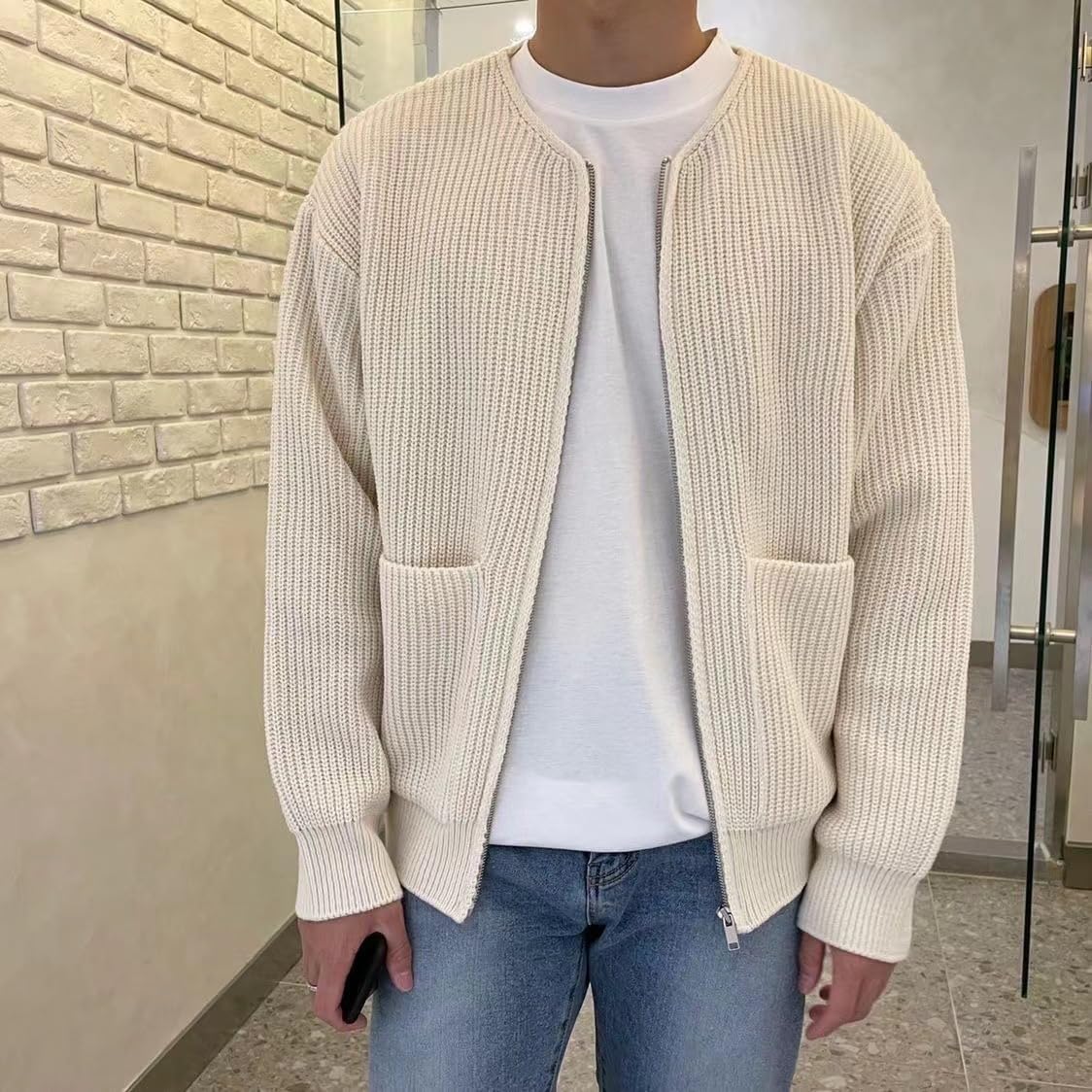 Suéteres de punto de moda para hombre, talla grande, con cremallera, suéter de punto de manga larga, abrigo de punto cálido con cremallera con 2 bolsillos