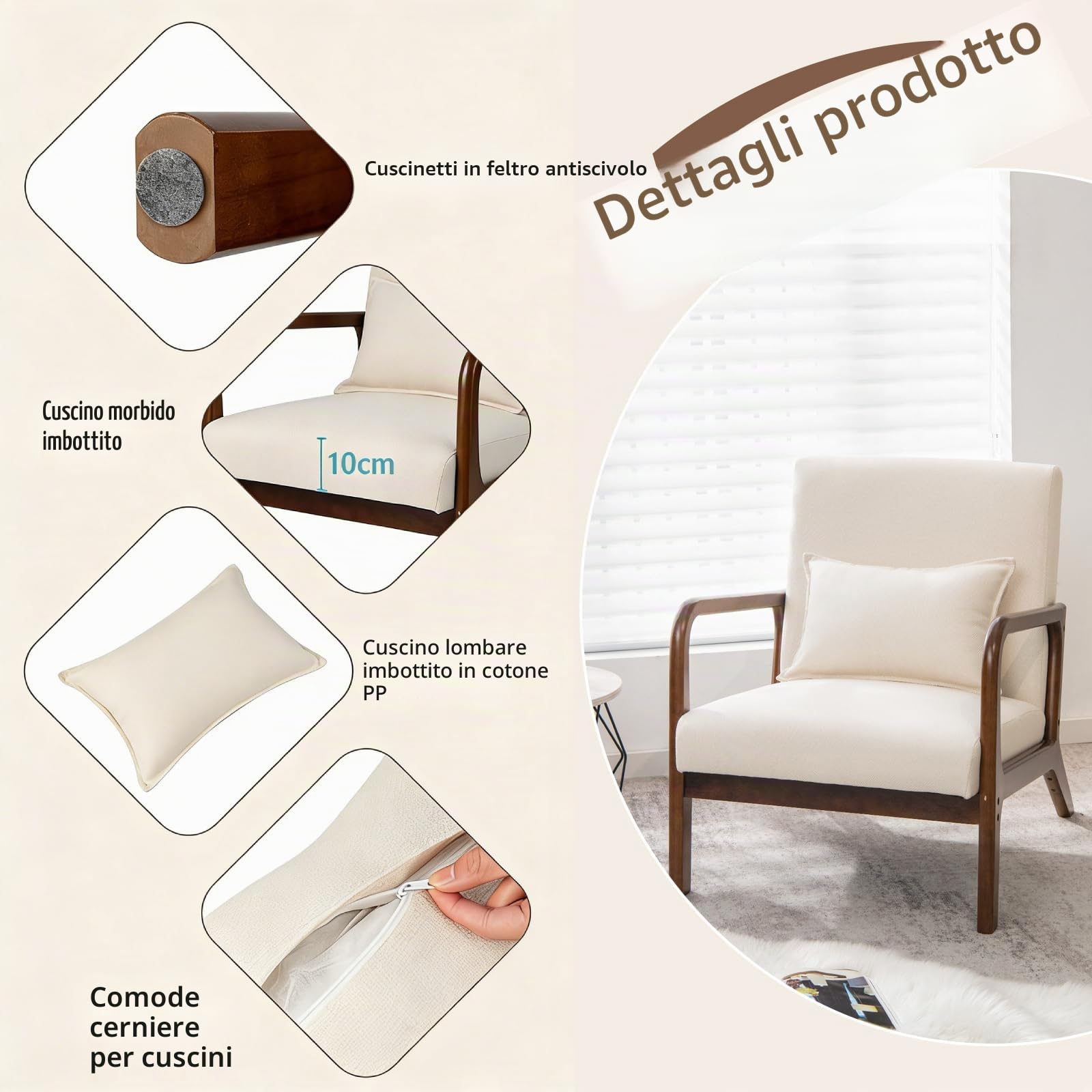 FANTASK Poltrona moderna divano singolo in legno con braccioli, poltrona lounge imbottita per soggiorno, camera da letto, 65 x 79 x 77 cm, beige