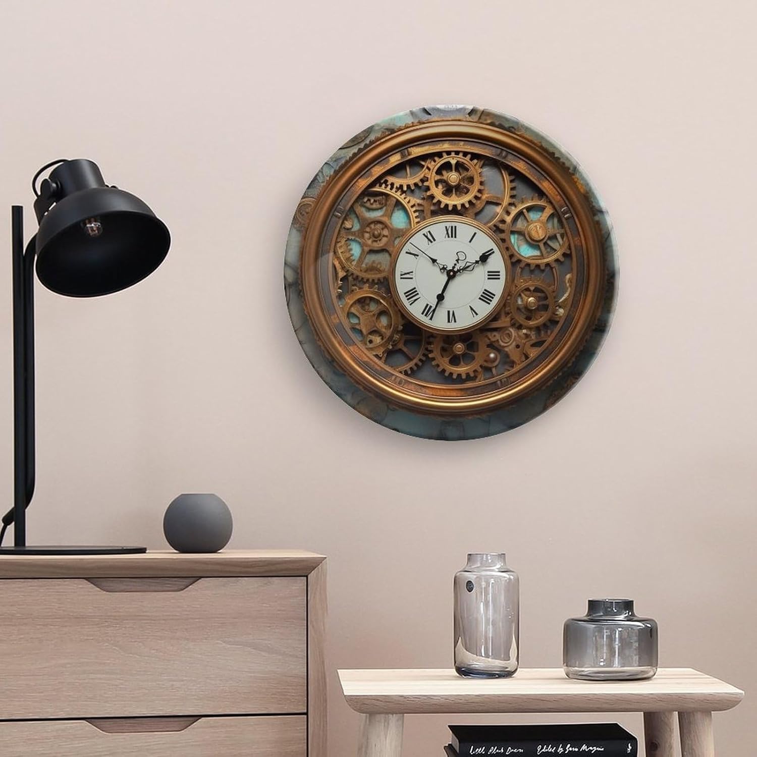 Rusty Steampunk Clock Decorative Plates Ceramic Decorative Plates for Display Bohemian Style Dinner Plate with Display Stand China Plate for Home Decoration 10inch