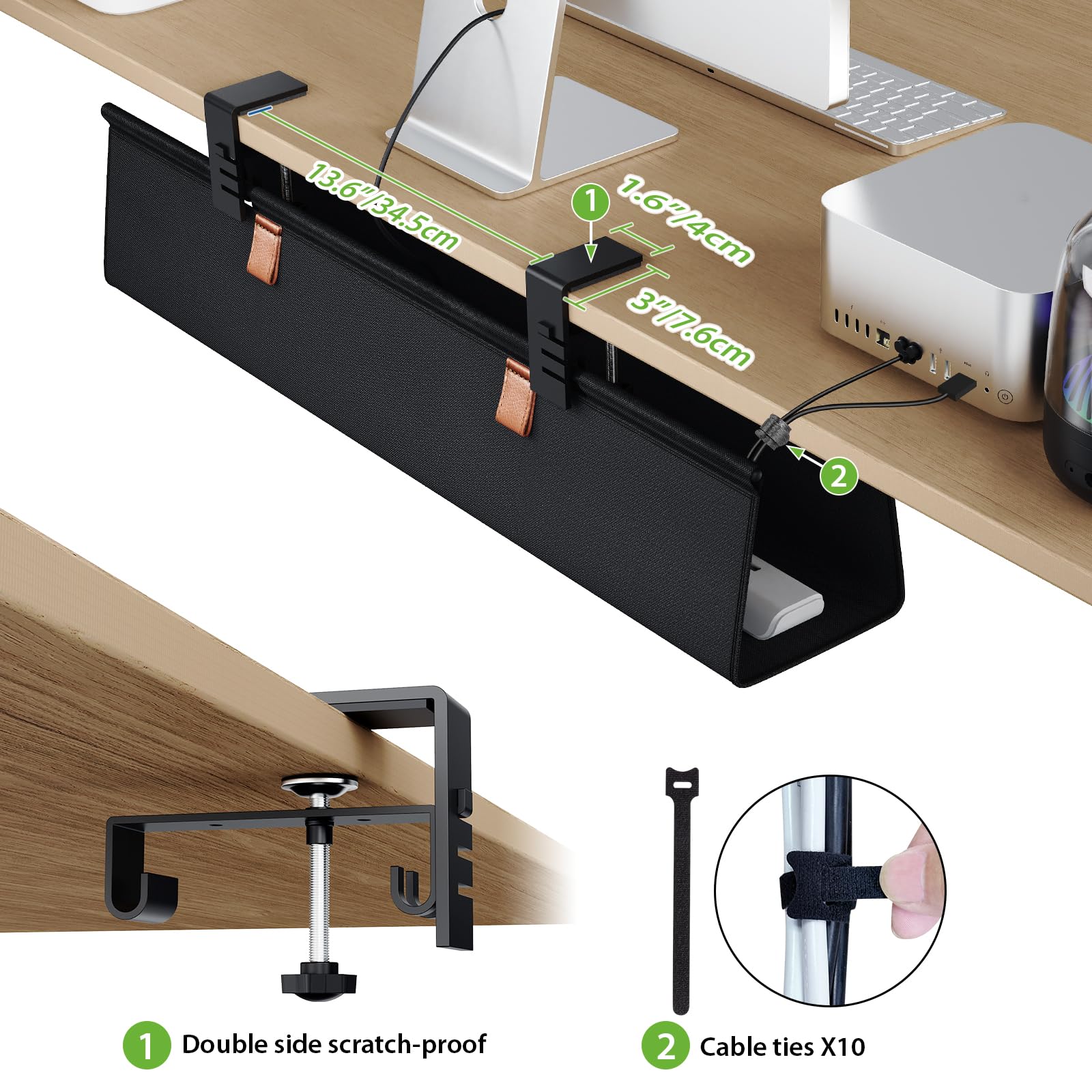 KEEGH Kabelkanal Schreibtisch Ohne Bohren, 76cm Unter dem Kabelmanagement Schreibtisch - Klemmen/Schraubmontage, Stoff-Kabelkanal für Gaming-PCs und Kabelverstecker für Büro & Zuhause, Schwarz