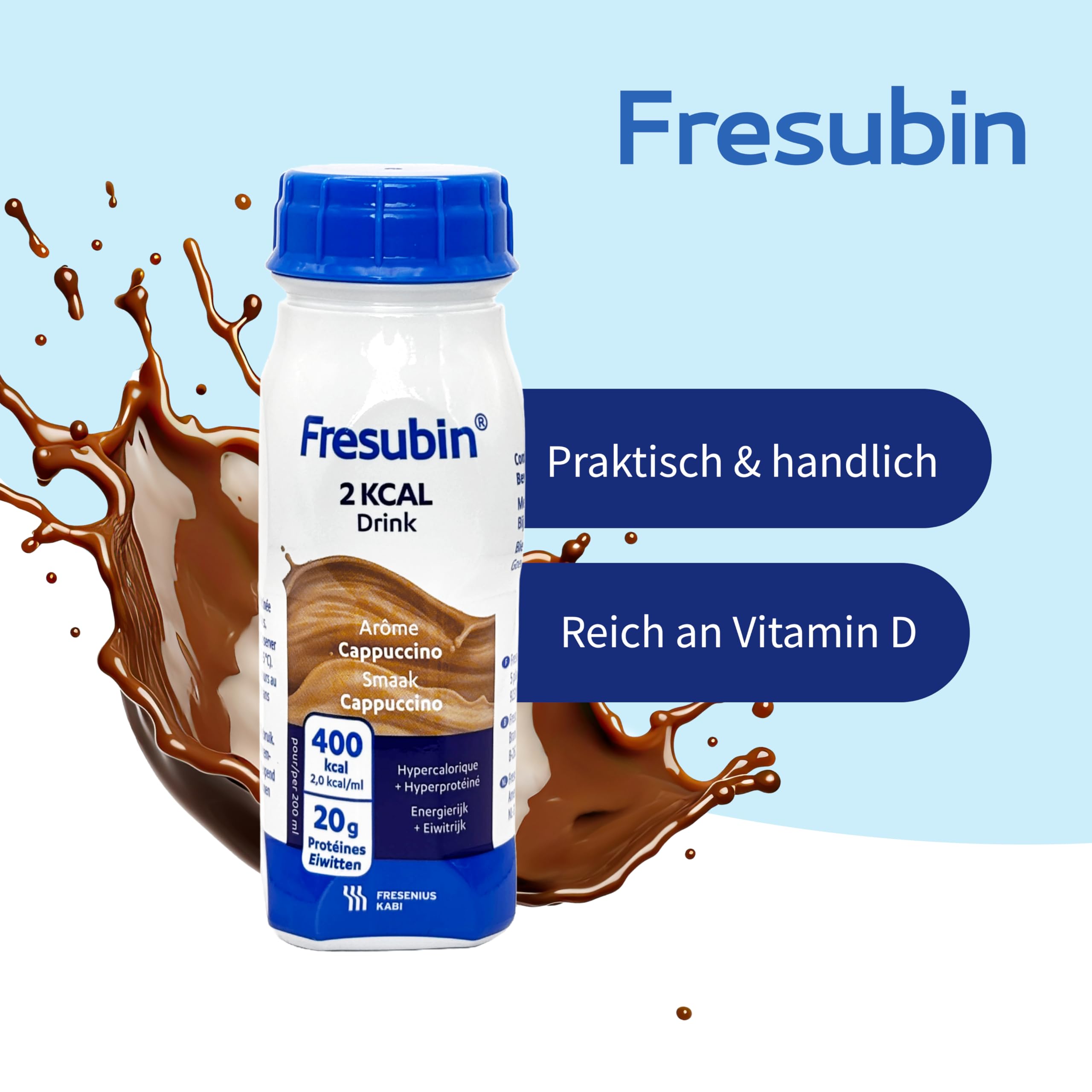 Fresubin 2 KCAL Drink Cappuccino 24x200ml- Hochkalorische Trinknahrung mit 20g Eiweiß (ohne Ballaststoffe) von Fresenius Kabi, 400 kcal pro Flasche, ideal bei Mangelernährung