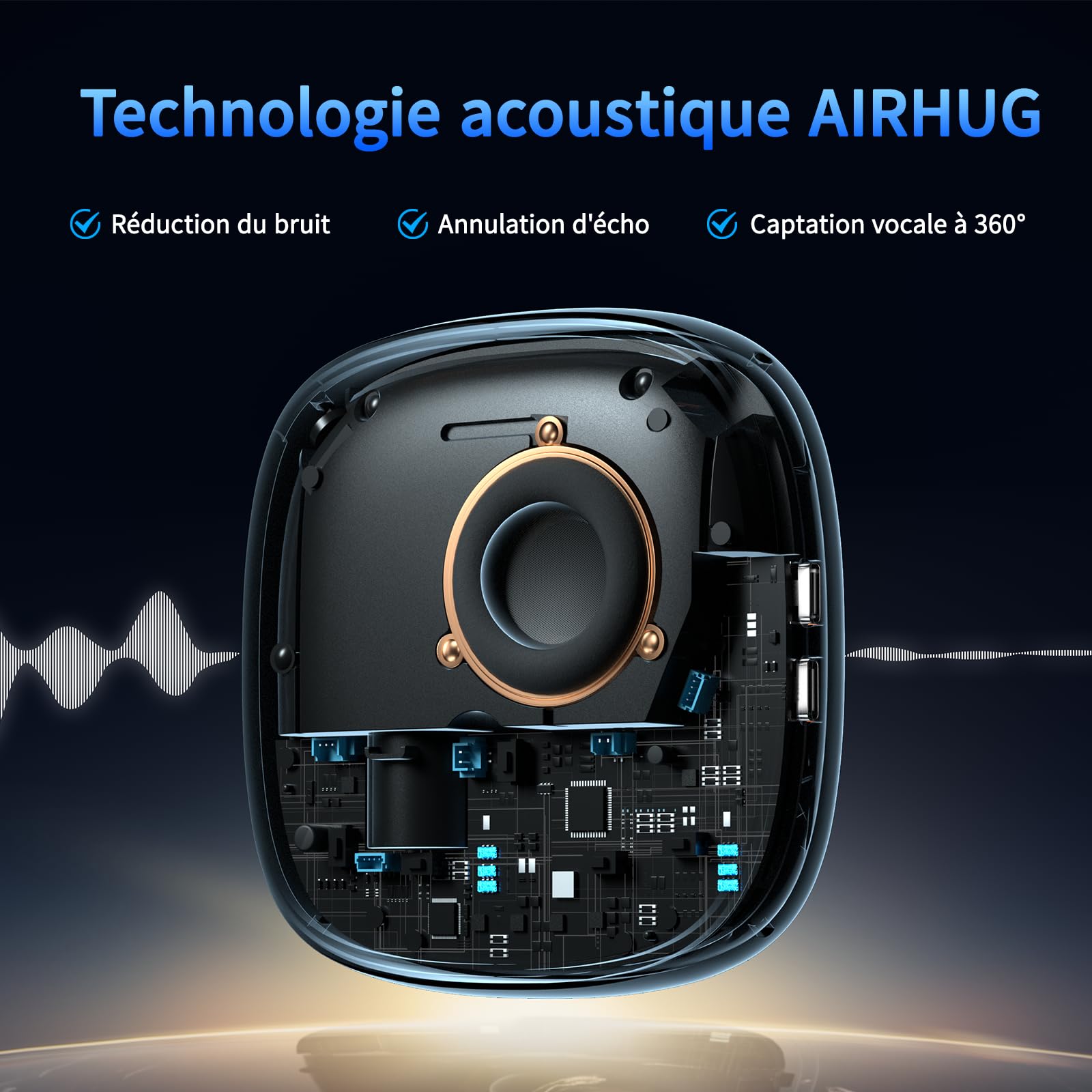Microphone et haut-parleur de conférence AIRHUG, haut-parleur Bluetooth avec prise de voix à 360°, réduction avancée du bruit, USB-C Plug & Play, compatible avec Zoom et MS Team