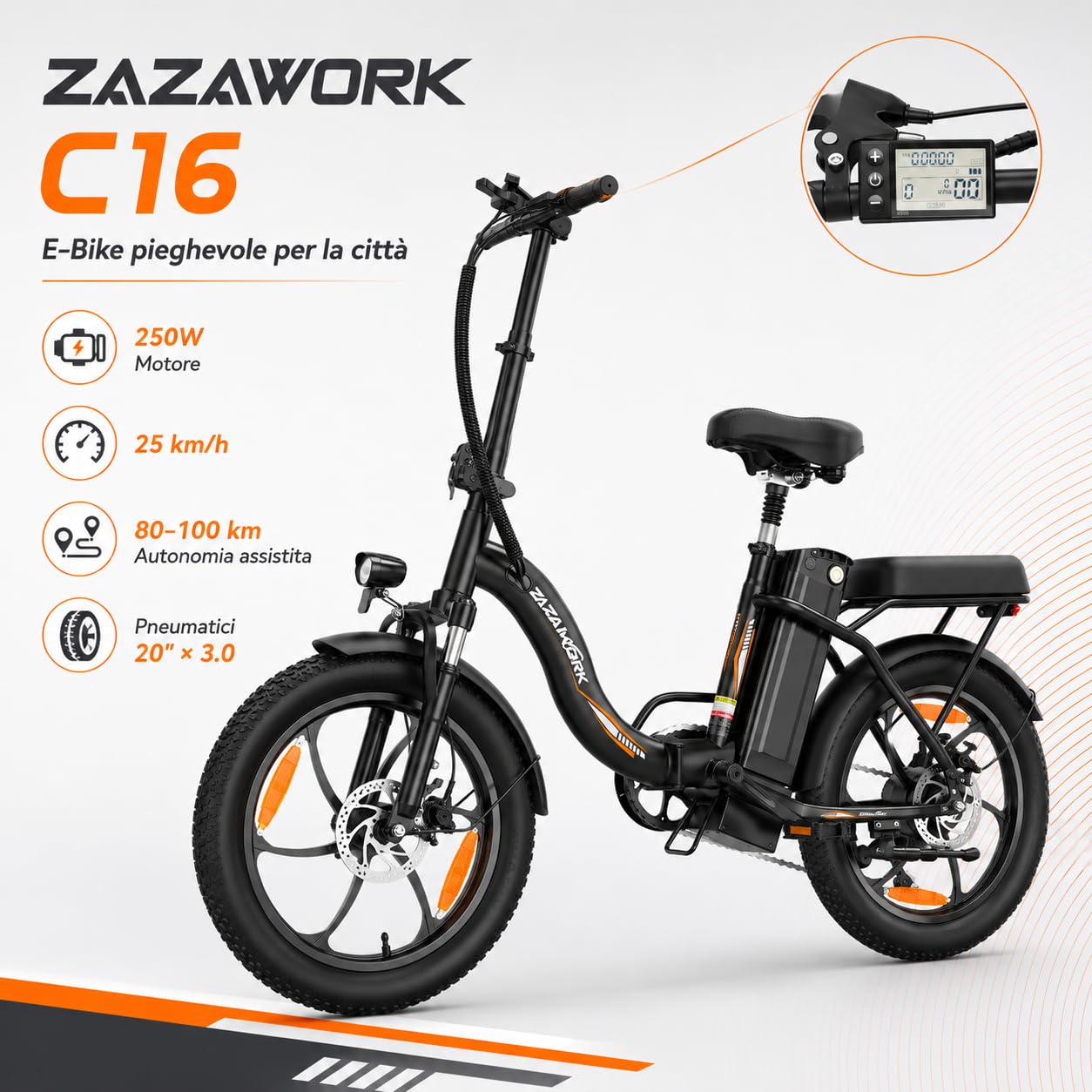 Bicicletta Elettrica Pieghevole 20x3.0, Motore 250W Coppia 47NM, Batteria 48V 16Ah, Velocità Max 25km/h, Autonomia 50-100KM, 7 Marce, Ammortizzatore a Molla e Freni a Disco Meccanici Urbana