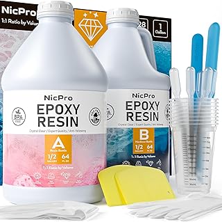 1 Gallon Crystal Clear Epoxy Resin Kit, High Gloss & Bubbles Free Resin Supplies for Art Coating and Casting, Craft DIY, Wood, Tabletop, Bar Top, Molds, River Tables with Cups, Sticks, Gloves
