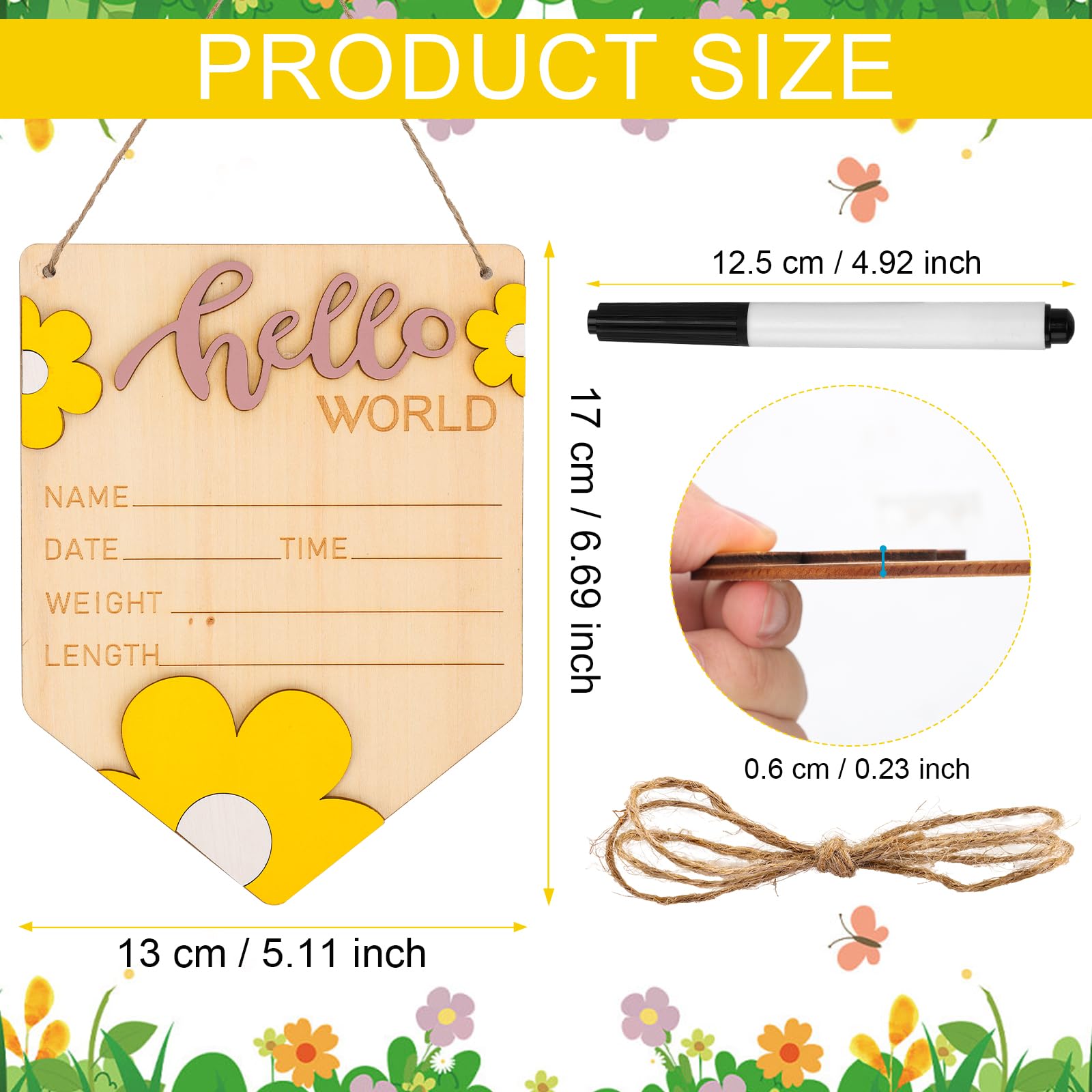 NQEUEPN Baby Announcement Sign, Wooden Hello World Newborn Sign Birth Announcement Plaque Newborn Welcome Sign Baby Name Board for Girl Boy Photo Prop Baby Shower Nursery Hospital (Style 2)