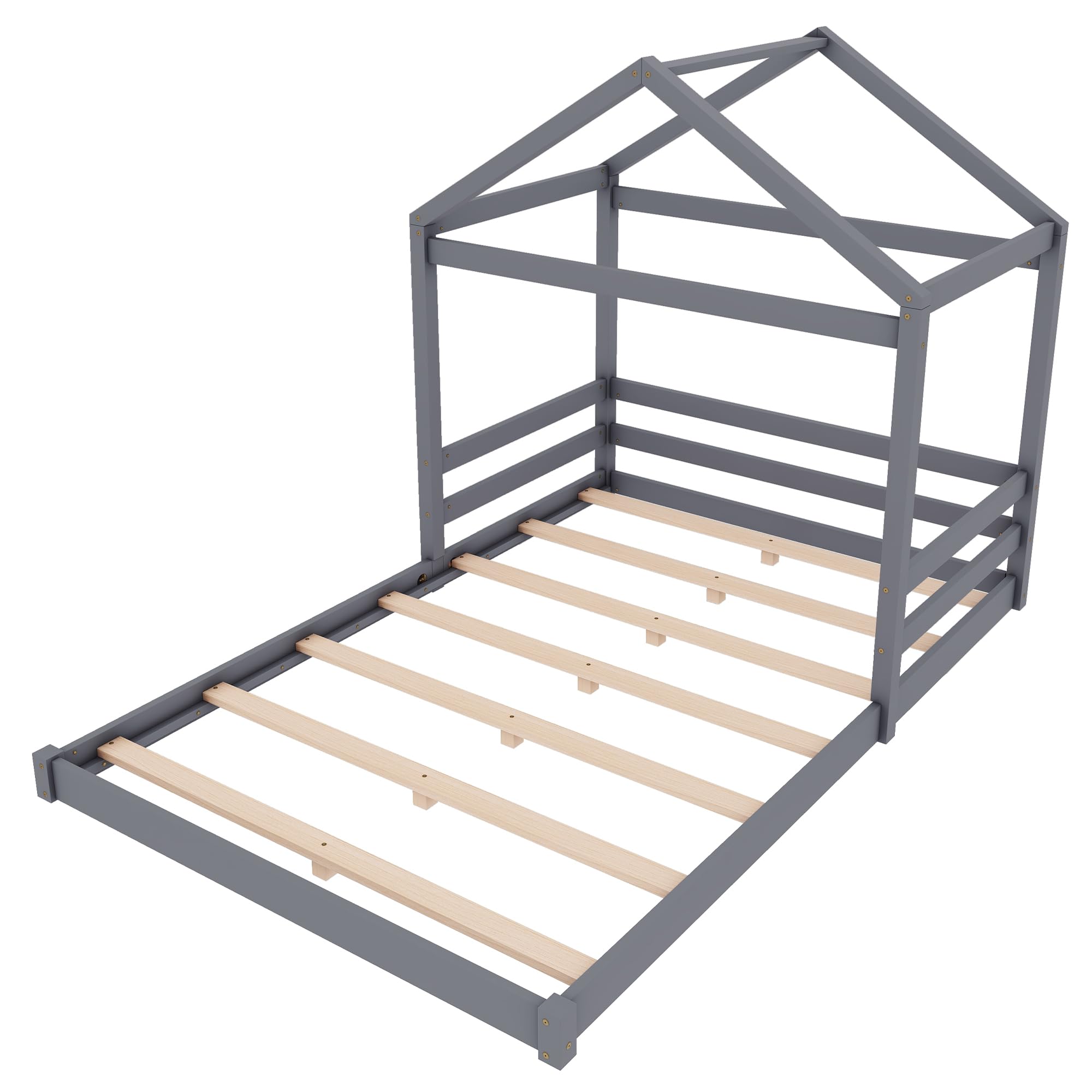Kinderbett 140x200 cm, Bodenbett mit Hausform, Bettgestell mit Lattenrost | Ohne Matratze, Holzbett Bett für Kinder Jugendliche Kiefernholz+MDF Grau