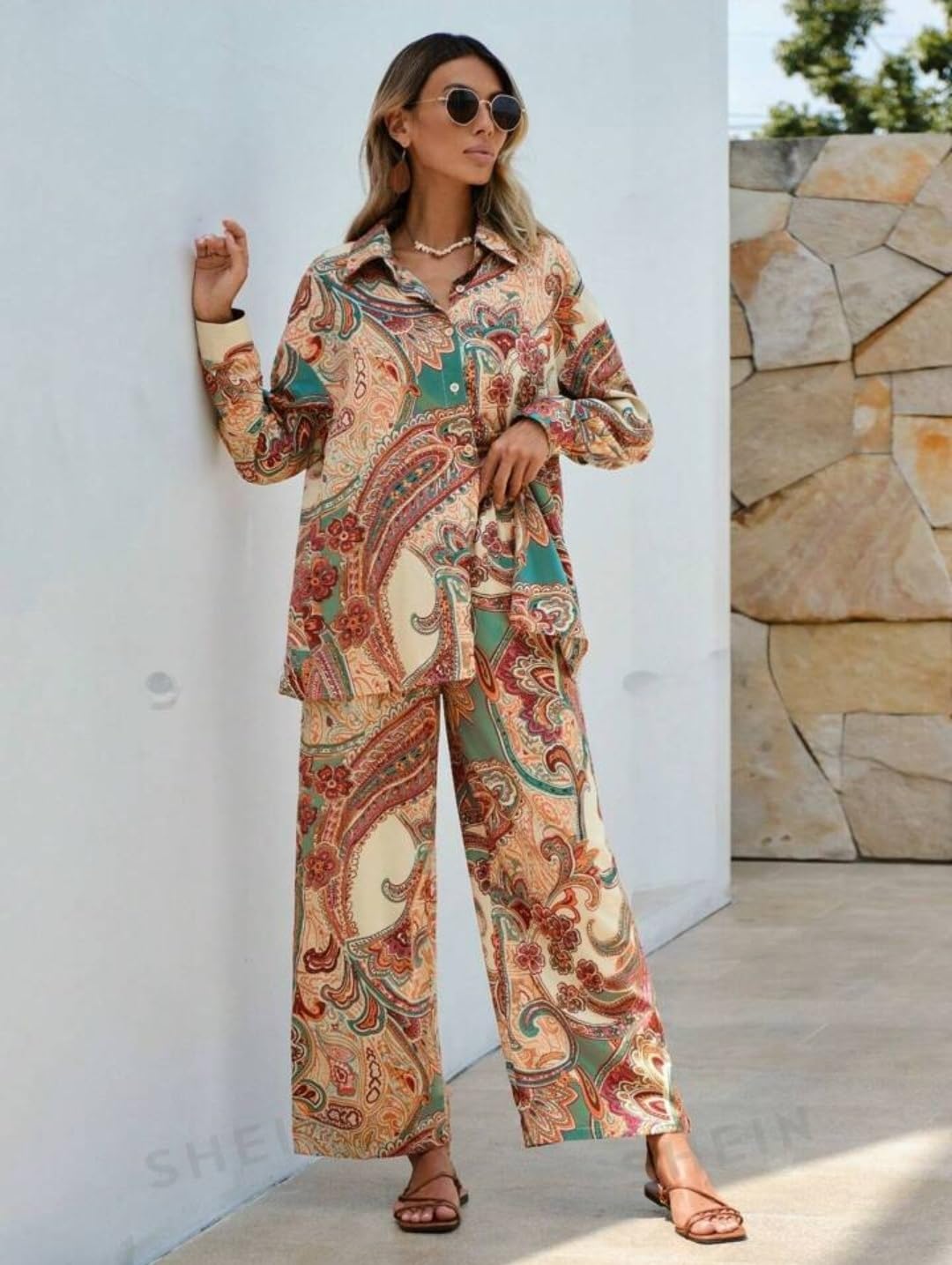 Gufrina Women's Paisley Print Co-Ord Set, Long Sleeve Shirt And Wide Leg Pants, Boho Chic Outfit (Beige Xxl)