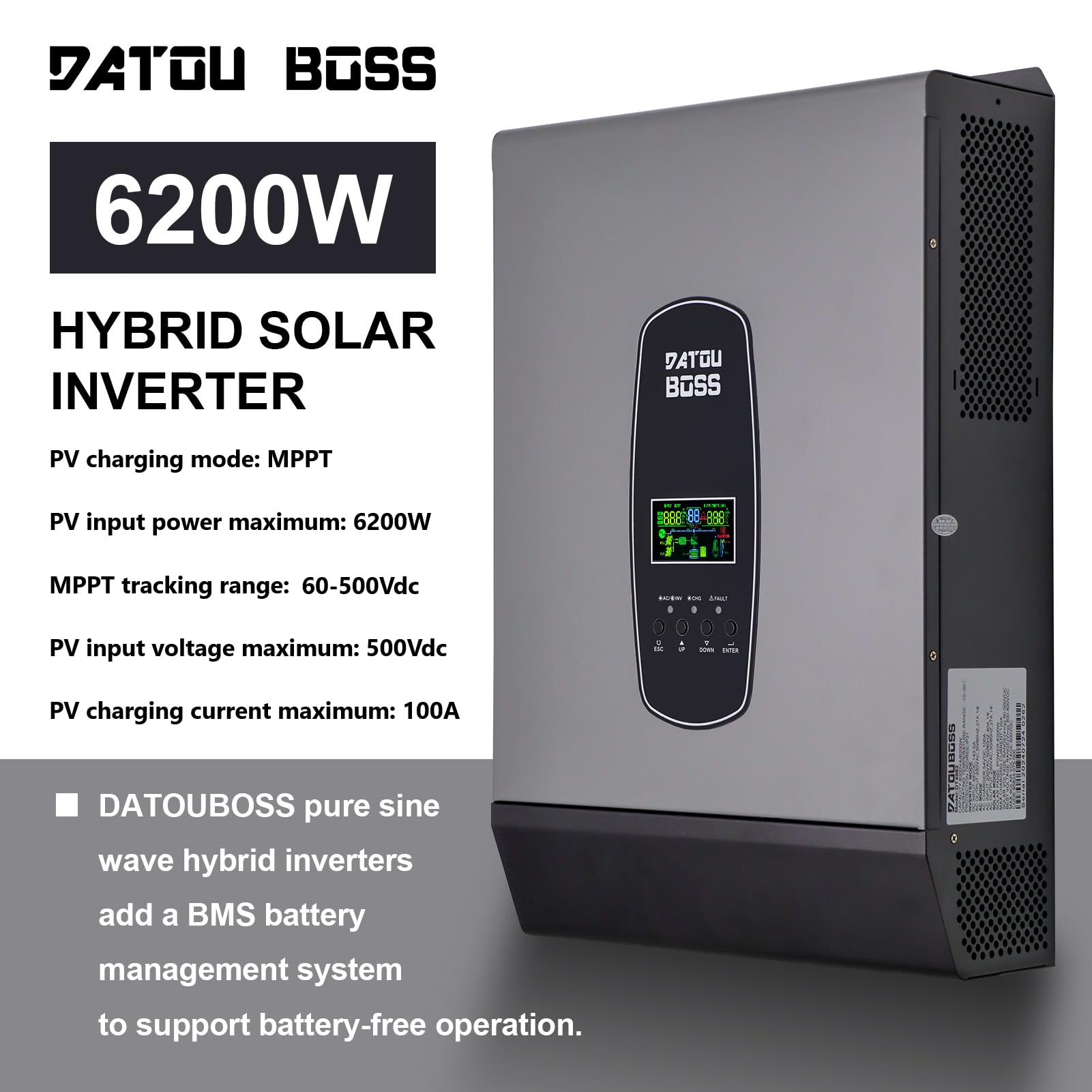 DATOUBOSS 6200W Inverter Ibrido 48V,48v DC a 220/230v AC,Inverter Solare Ibrido 48v Onda Sinusoidale Pura,Supporta il Funzionamento Senza Batteria,con 120A MPPT per batterie piombo-acido e litio.