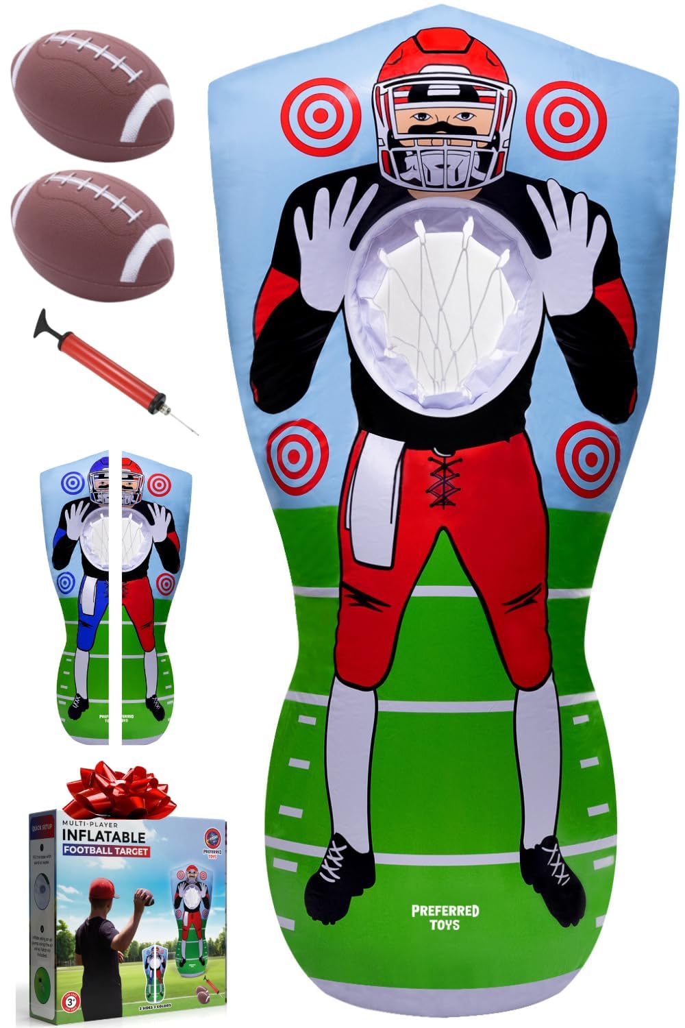 Inflatable Football Target - Double-Sided Toss Training Game with Mini Footballs - Fun Kids Throwing Football Games for Indoors, Outdoors, Birthdays, Camping, Beach - 65 Inch