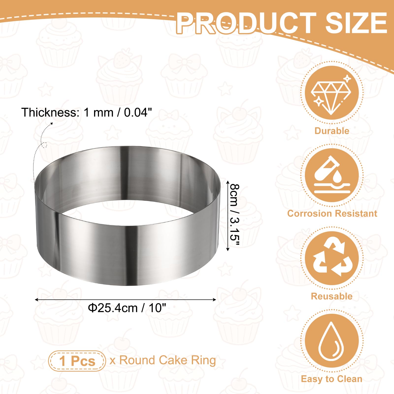 sourcing map Anello rotondo per torte, 25,4 cm x 8 cm, in acciaio inox, senza cuciture, per dessert, mousse, torte, palline di riso, sushi, pancake, mousse, pasticceria