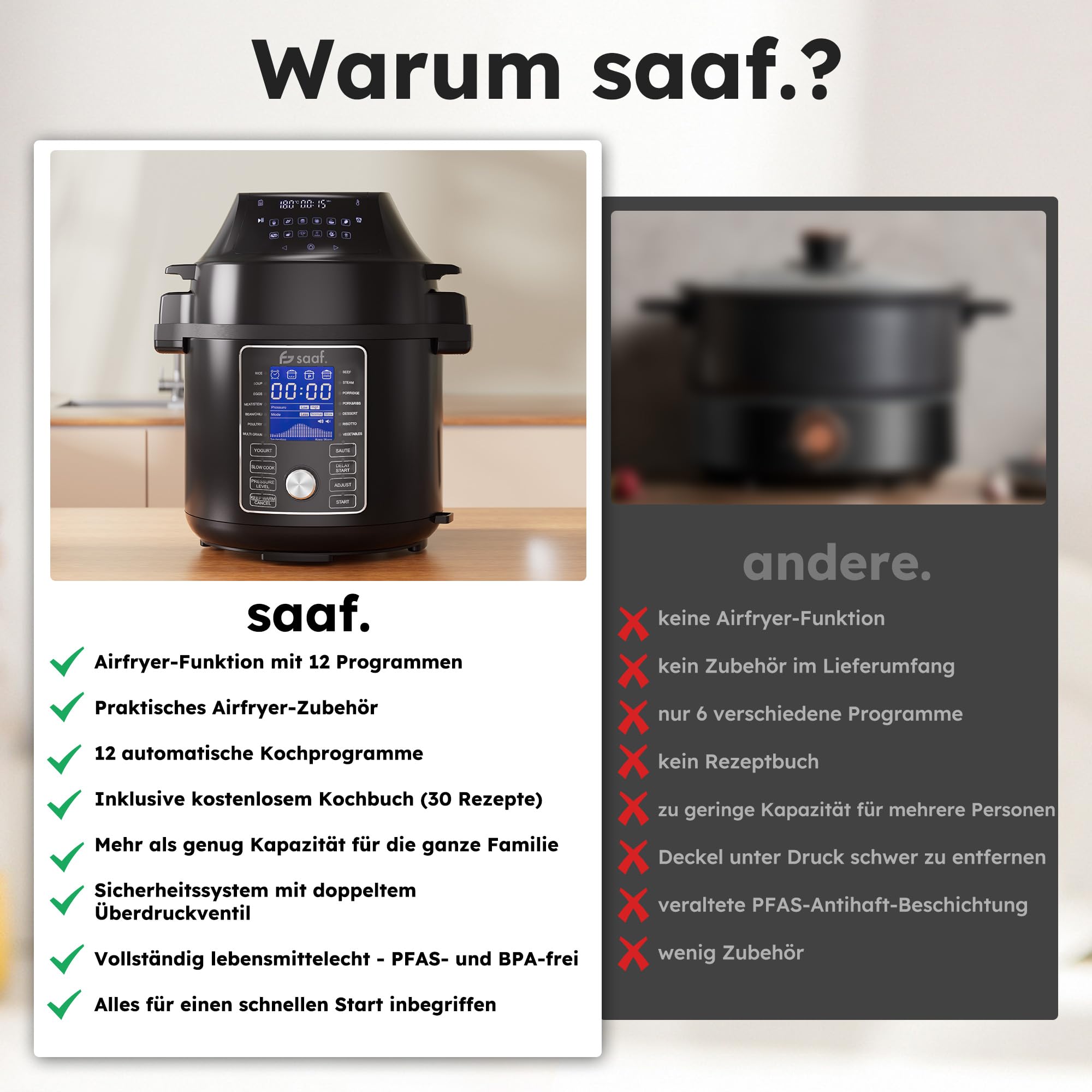 Saaf Multicooker mit Airfryer – 15-Teiliges Set – 24 Programme – Slowcooker, Reiskocher, Dampfgarer & Schnellkochtopf, Schongarer – 6L – Inklusive Korb, Kochtopf & Kochbuch – Digitales Display
