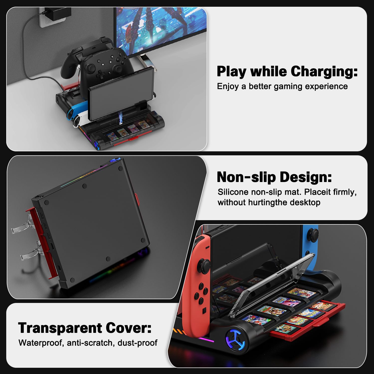 Dock Switch 4K Super Proiezione, Base di Carica Multifunzione, 8 Posti Giochi, 3 USB 3.0/Type-C, Supporto 4 Joy-Con/Pro Grips, RGB, Protegge la Vista Bambini