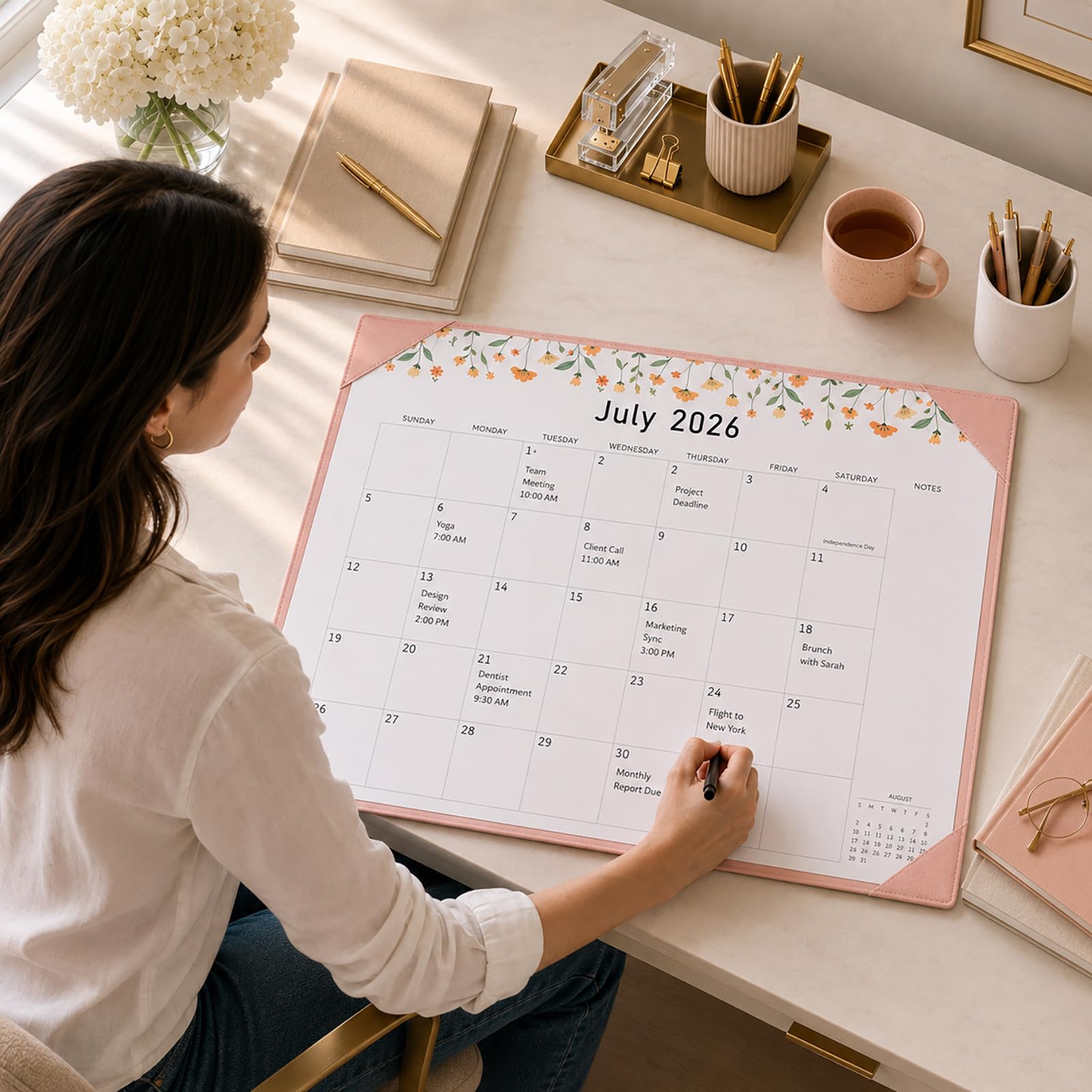Gannyfer Großer Tischkalender 2024–2025 mit rosa Schreibtischunterlage – 18-Monat-Tischkalender, 55,9 x 43,2 cm, Schreibtisch-Pad-Kalender, Lehrerkalender zum Planen und Organisieren in Ihrer Familie,