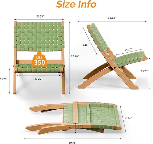 Miniatura 3 de VINGLI Sillas de madera para exteriores, silla plegable portátil de ratán con asiento y respaldo de cincha baja, sillas Adirondack, ideal para